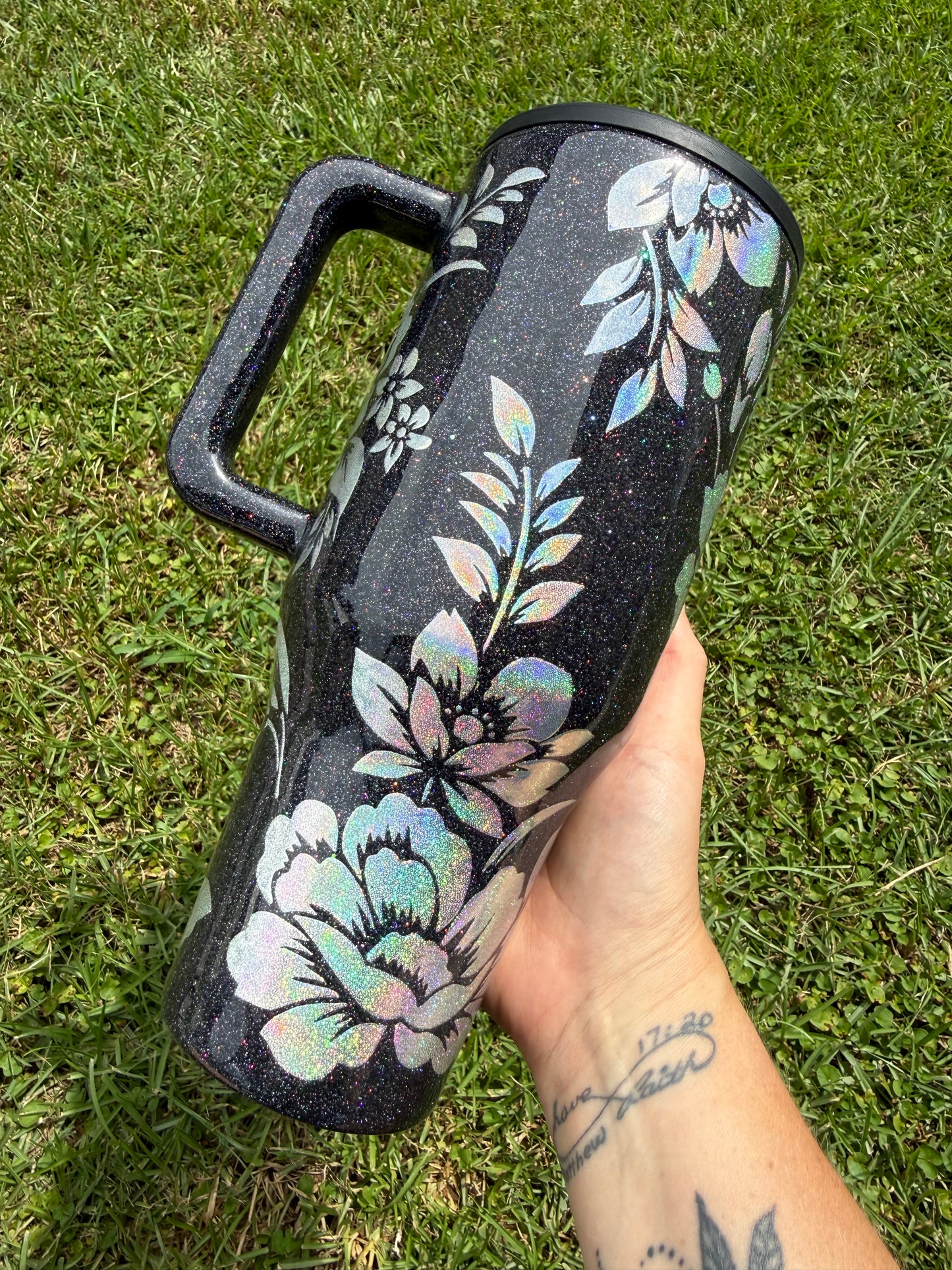 Black and Silver Holographic Glitter Tumbler