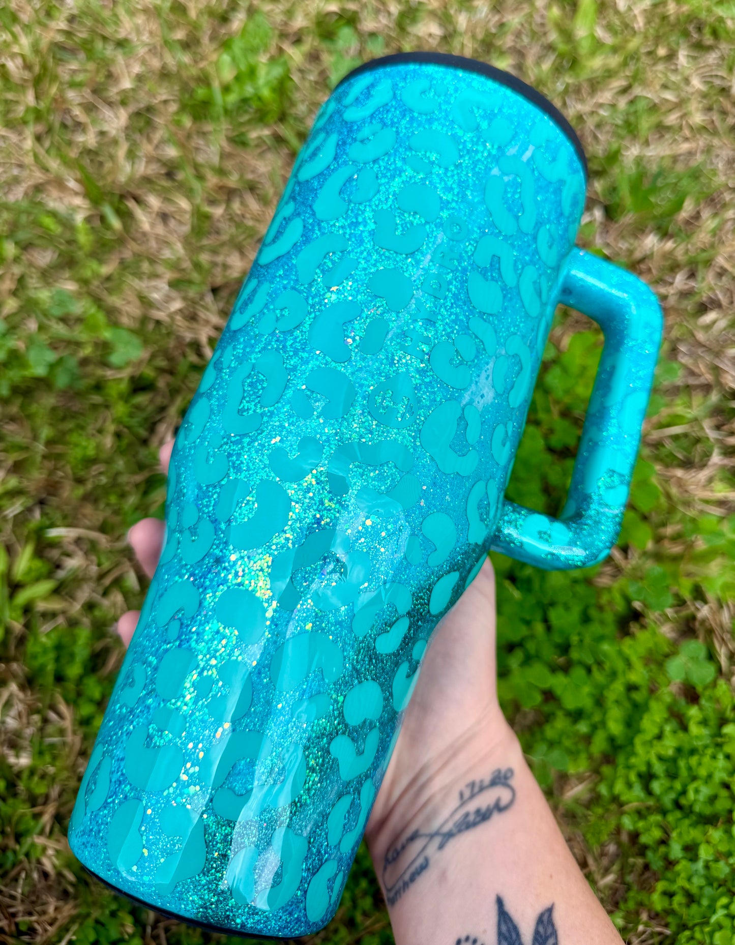 Teal and Aqua Leopard Glitter Tumbler