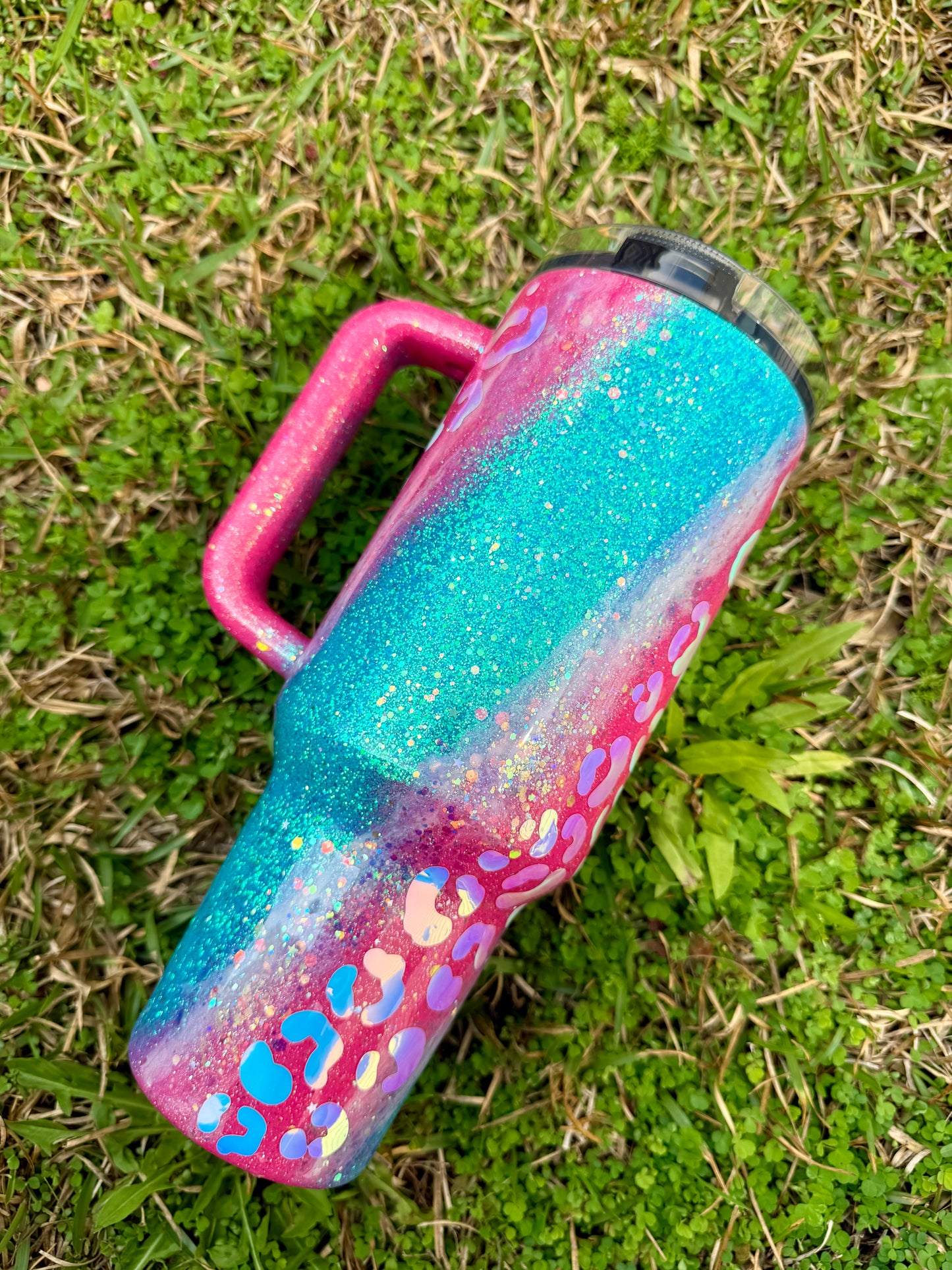 Hot pink and Aqua Leopard Glitter Tumbler