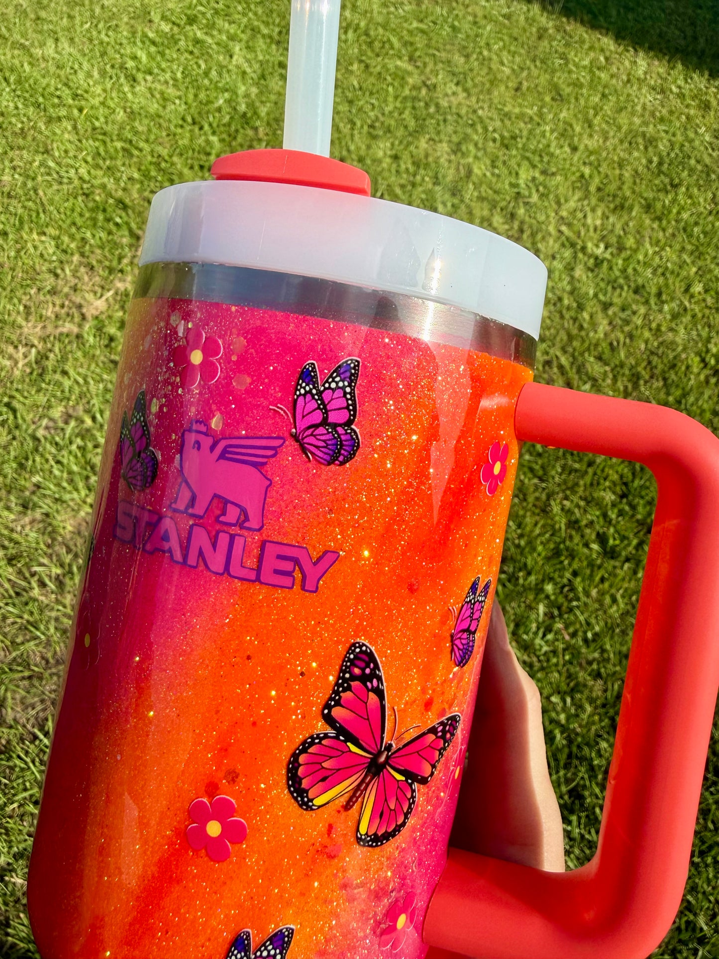 DISCOUNTED! 40oz Stanley Quencher Hot Coral Butterflies Ready to Ship (MINOR FLAW see description)