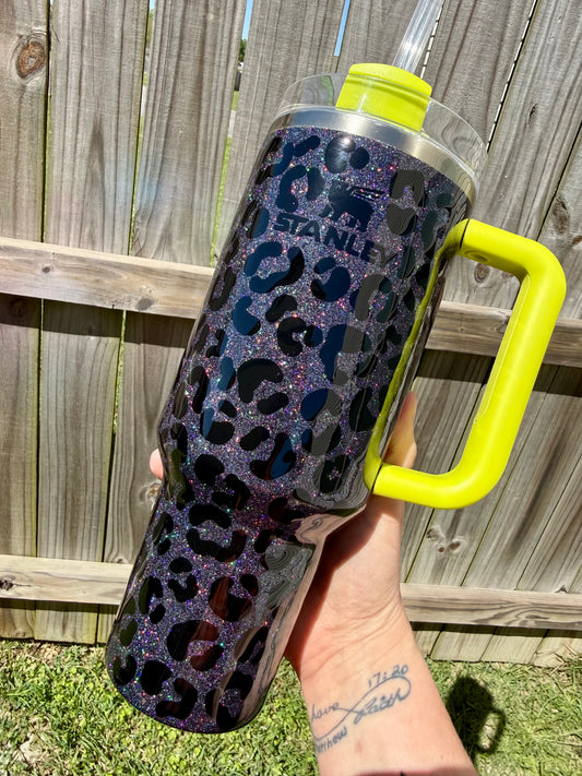40oz Stanley Black Holographic Leopard and Neon