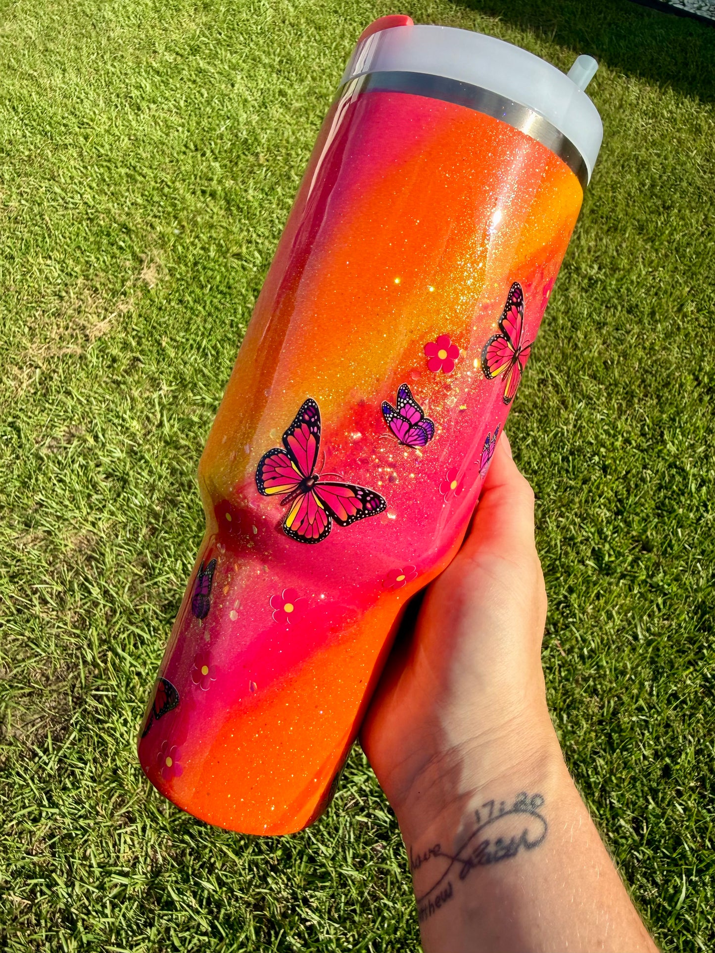 DISCOUNTED! 40oz Stanley Quencher Hot Coral Butterflies Ready to Ship (MINOR FLAW see description)