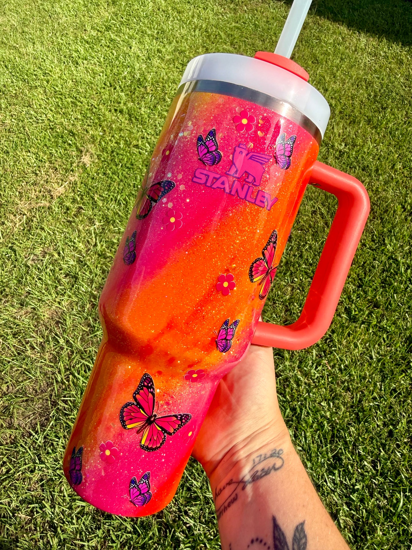 DISCOUNTED! 40oz Stanley Quencher Hot Coral Butterflies Ready to Ship (MINOR FLAW see description)