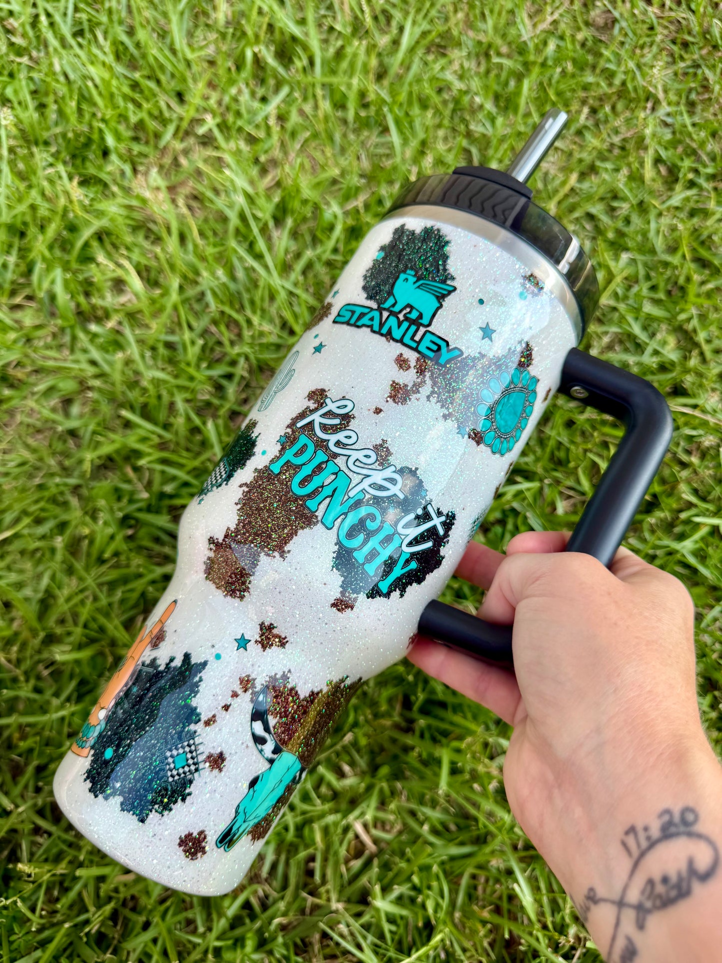 40oz Stanley Quencher Turquoise Cow Hide Ready to Ship