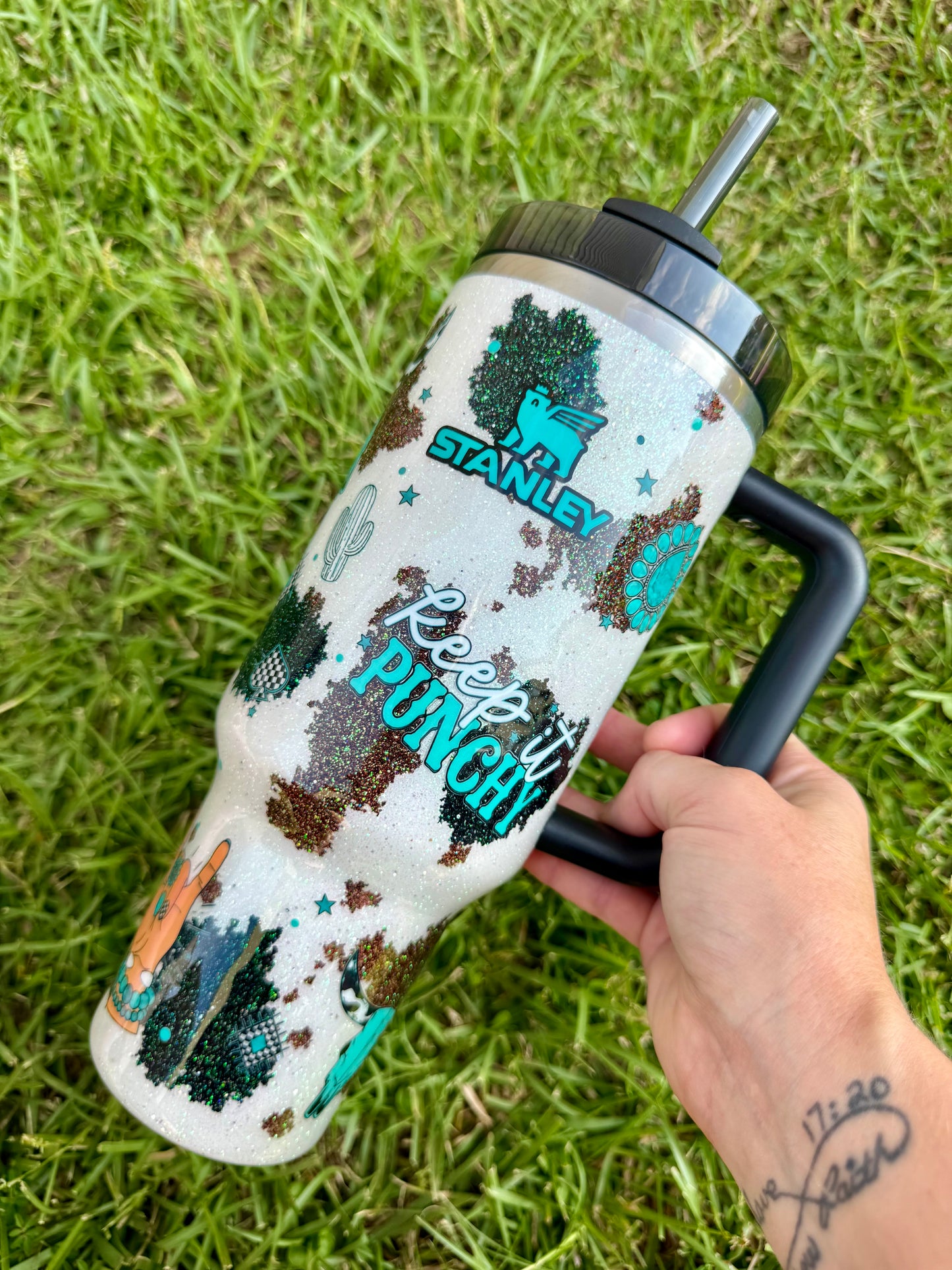 40oz Stanley Quencher Turquoise Cow Hide Ready to Ship