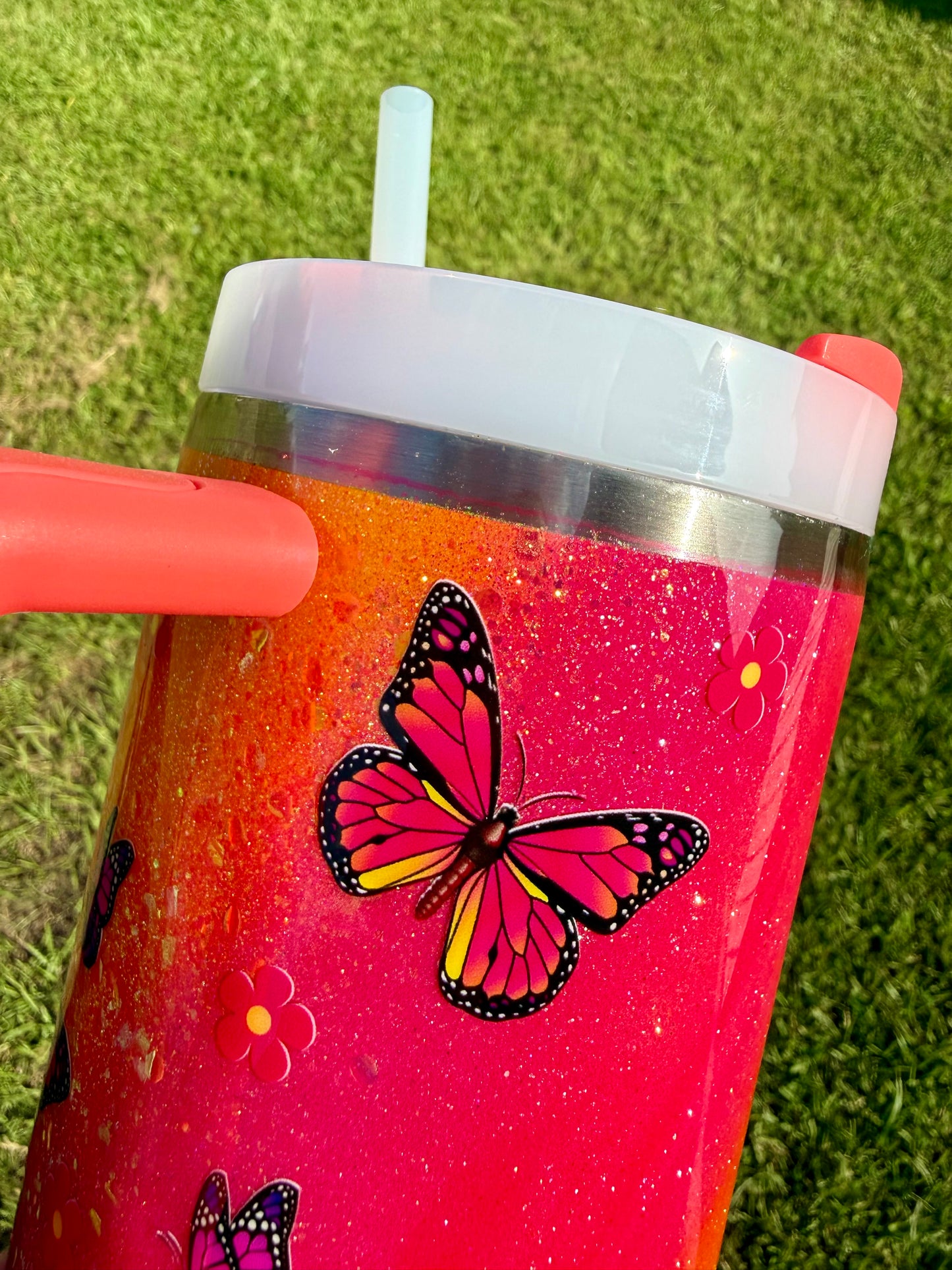 DISCOUNTED! 40oz Stanley Quencher Hot Coral Butterflies Ready to Ship (MINOR FLAW see description)