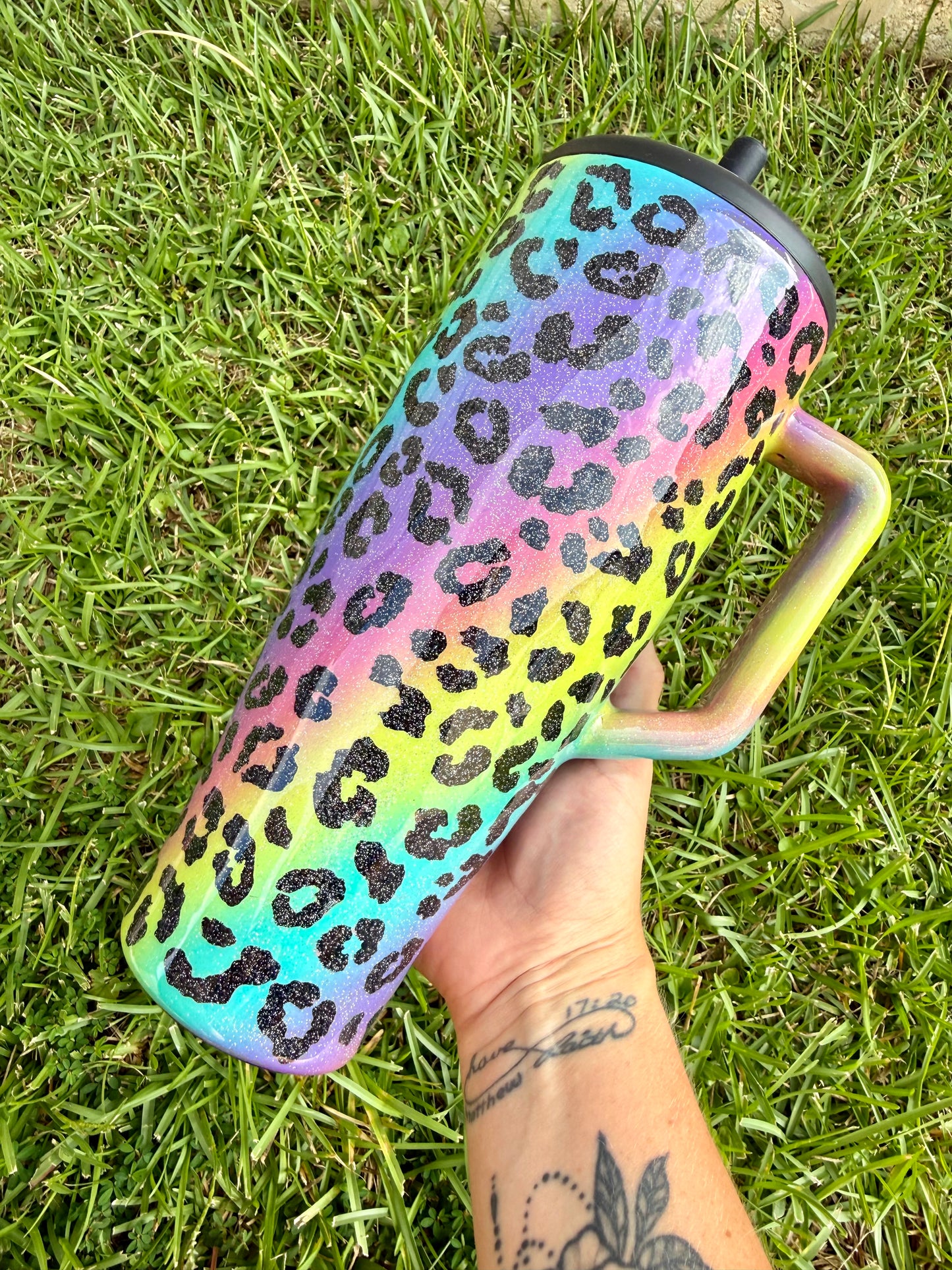 Rainbow Leopard Glitter Tumbler