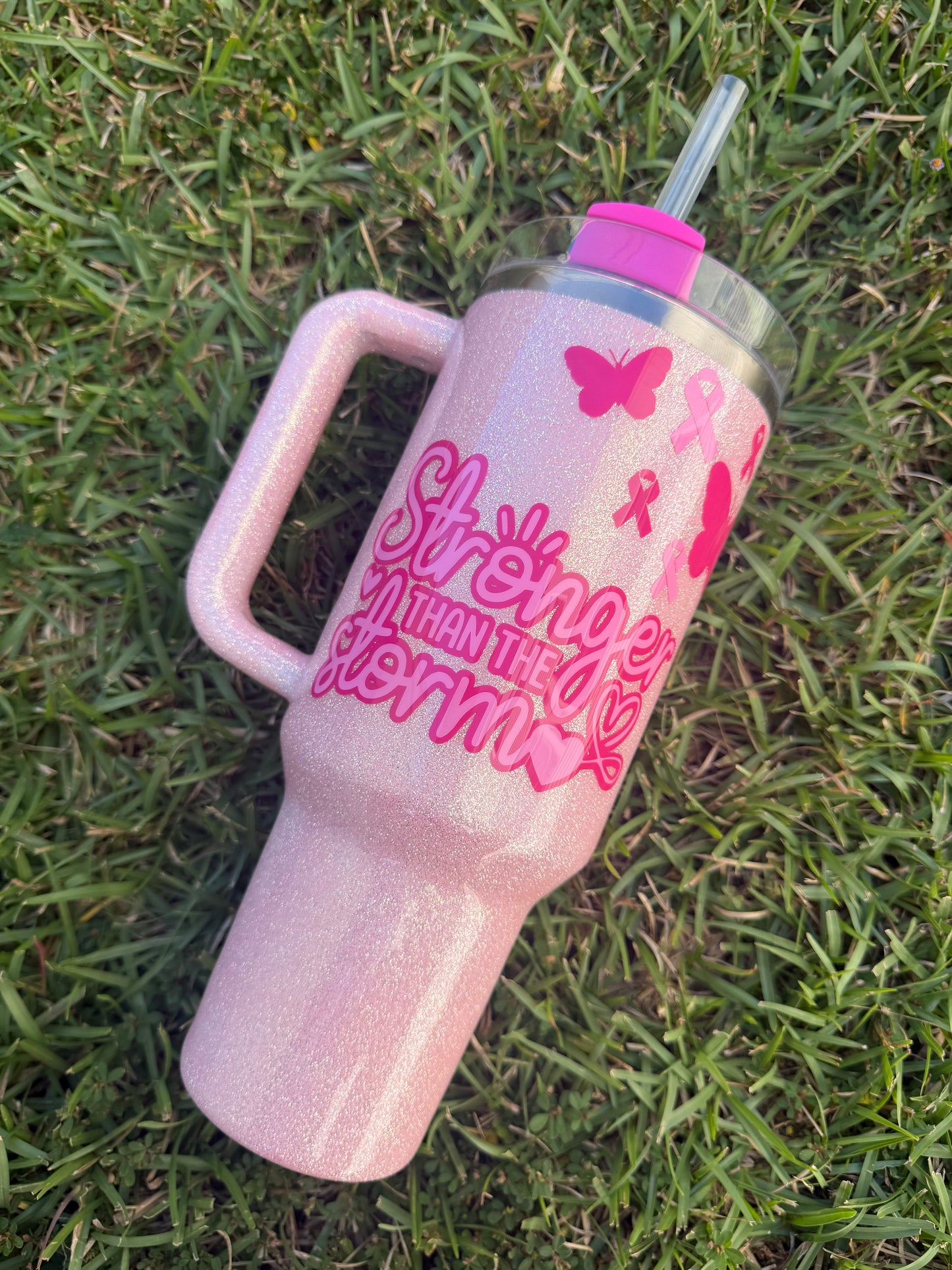 Breast Cancer Fighter Custom Glitter Tumbler