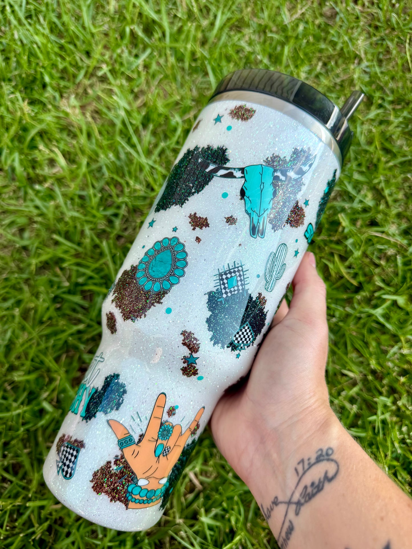 40oz Stanley Quencher Turquoise Cow Hide Ready to Ship