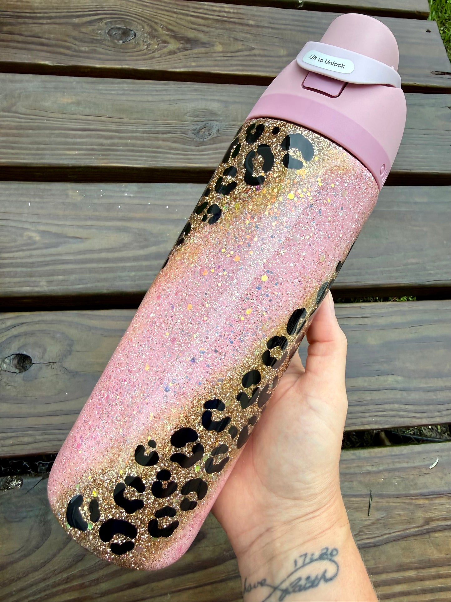24oz Owala Gold and Pink Leopard Swirl