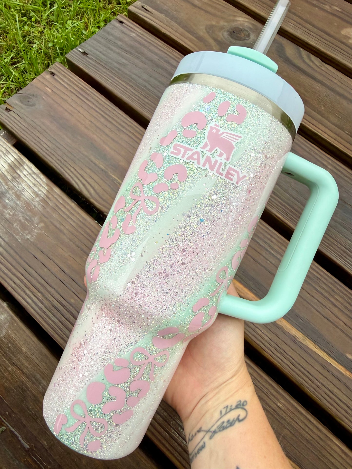 Pink and Mint Bow Leopard Glitter Tumbler