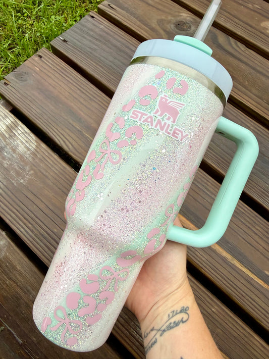 Pink and Mint Bow Leopard Glitter Tumbler