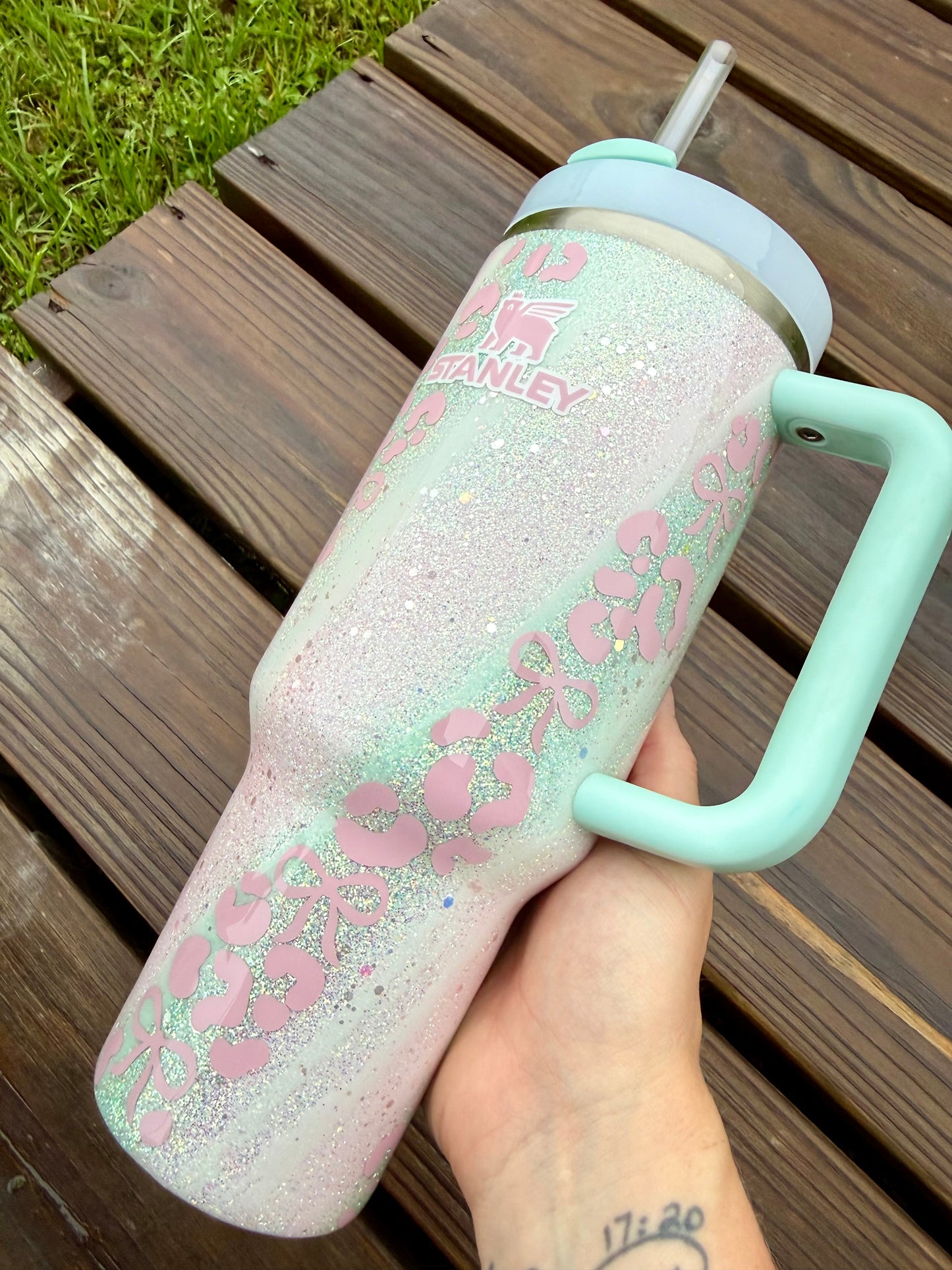 Pink and Mint Bow Leopard Glitter Tumbler