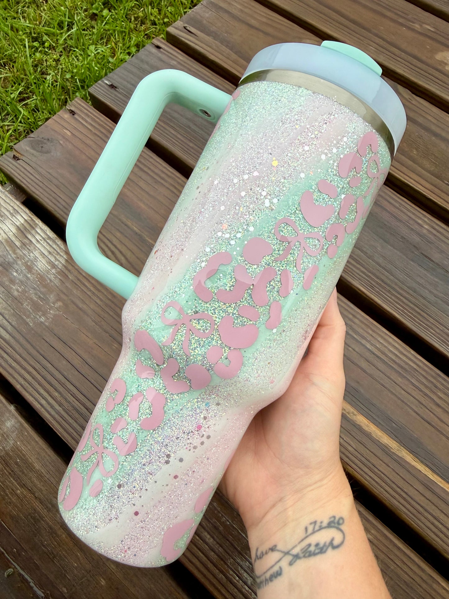 Pink and Mint Bow Leopard Glitter Tumbler