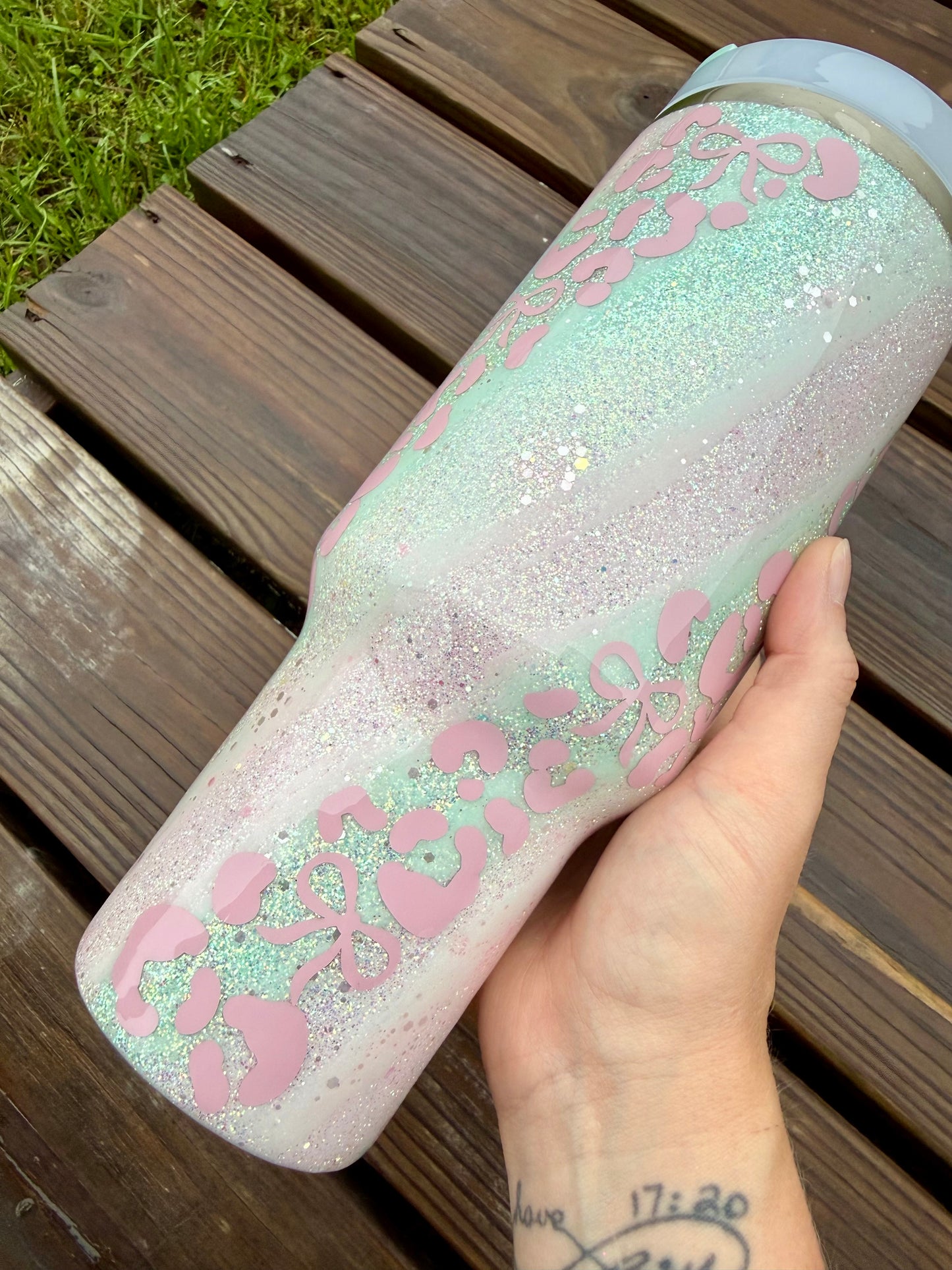 Pink and Mint Bow Leopard Glitter Tumbler