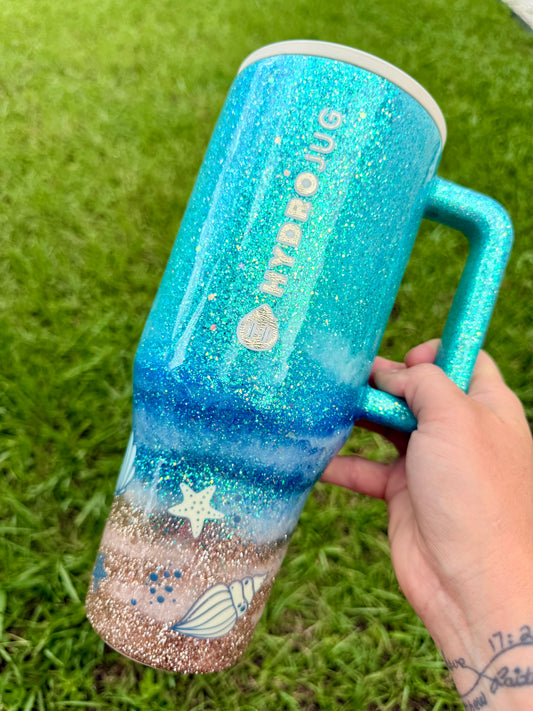 Blue Beach Waves Glitter Tumbler