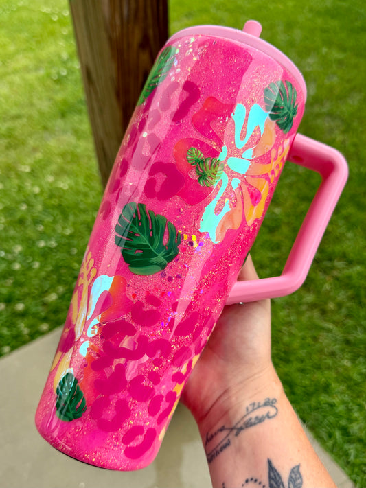 Hot Pink Tropical Glitter Tumbler