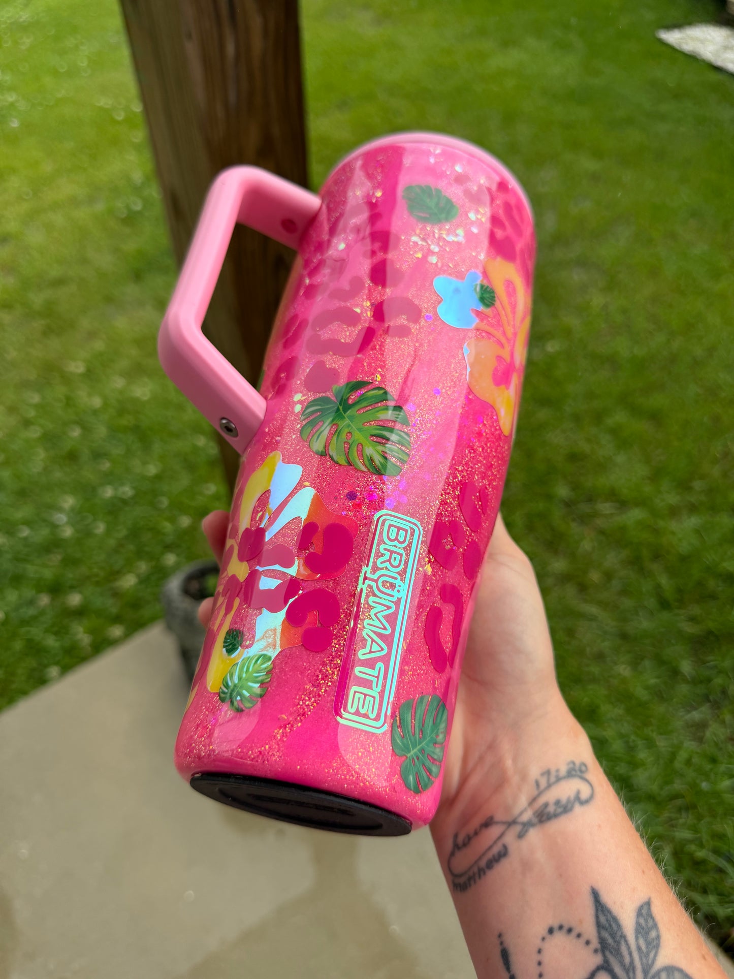 Hot Pink Tropical Glitter Tumbler