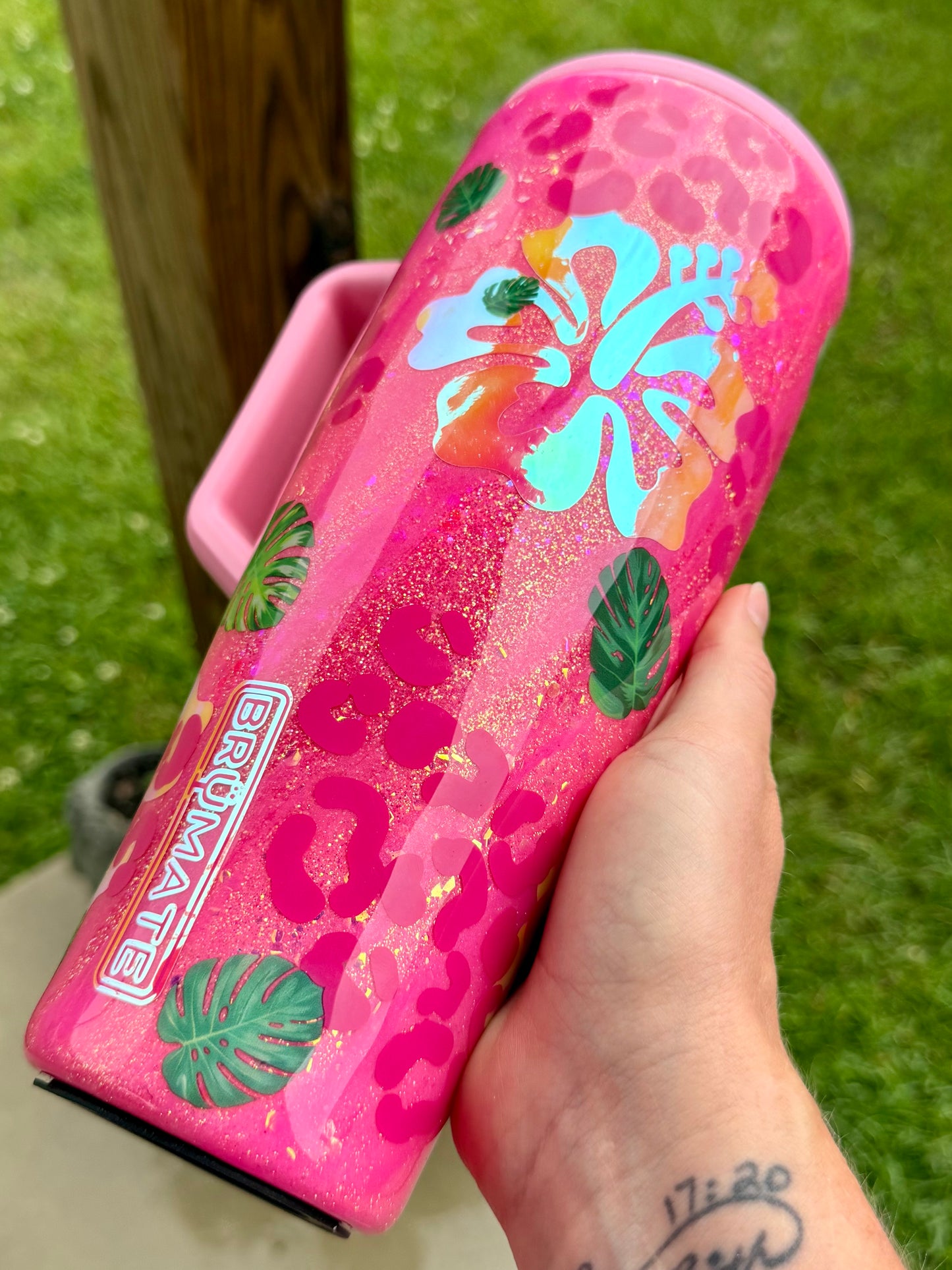 Hot Pink Tropical Glitter Tumbler