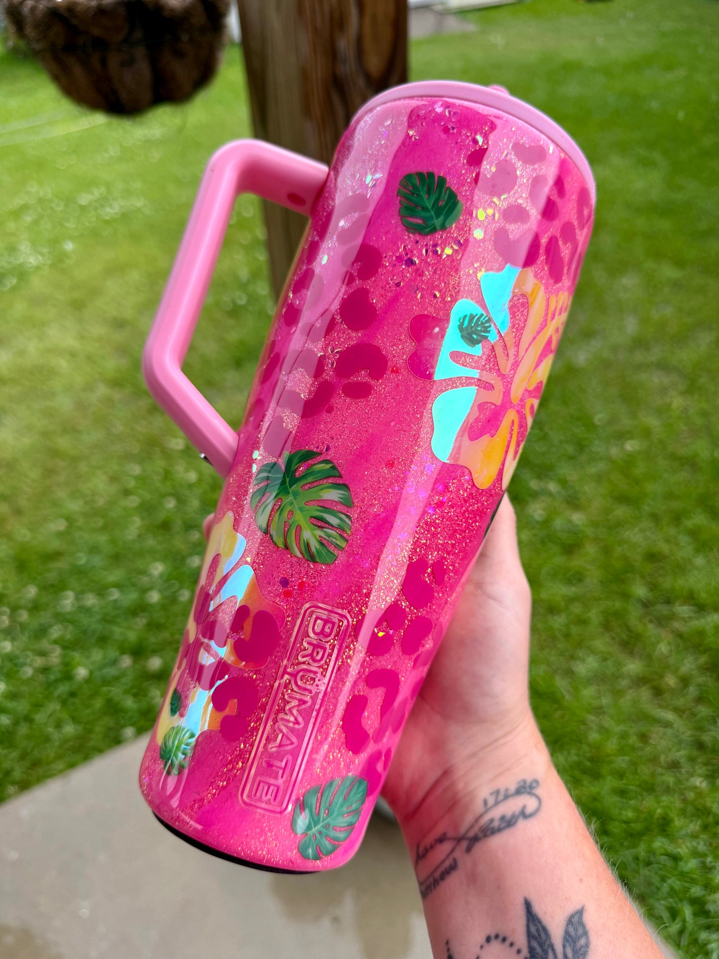 Hot Pink Tropical Glitter Tumbler