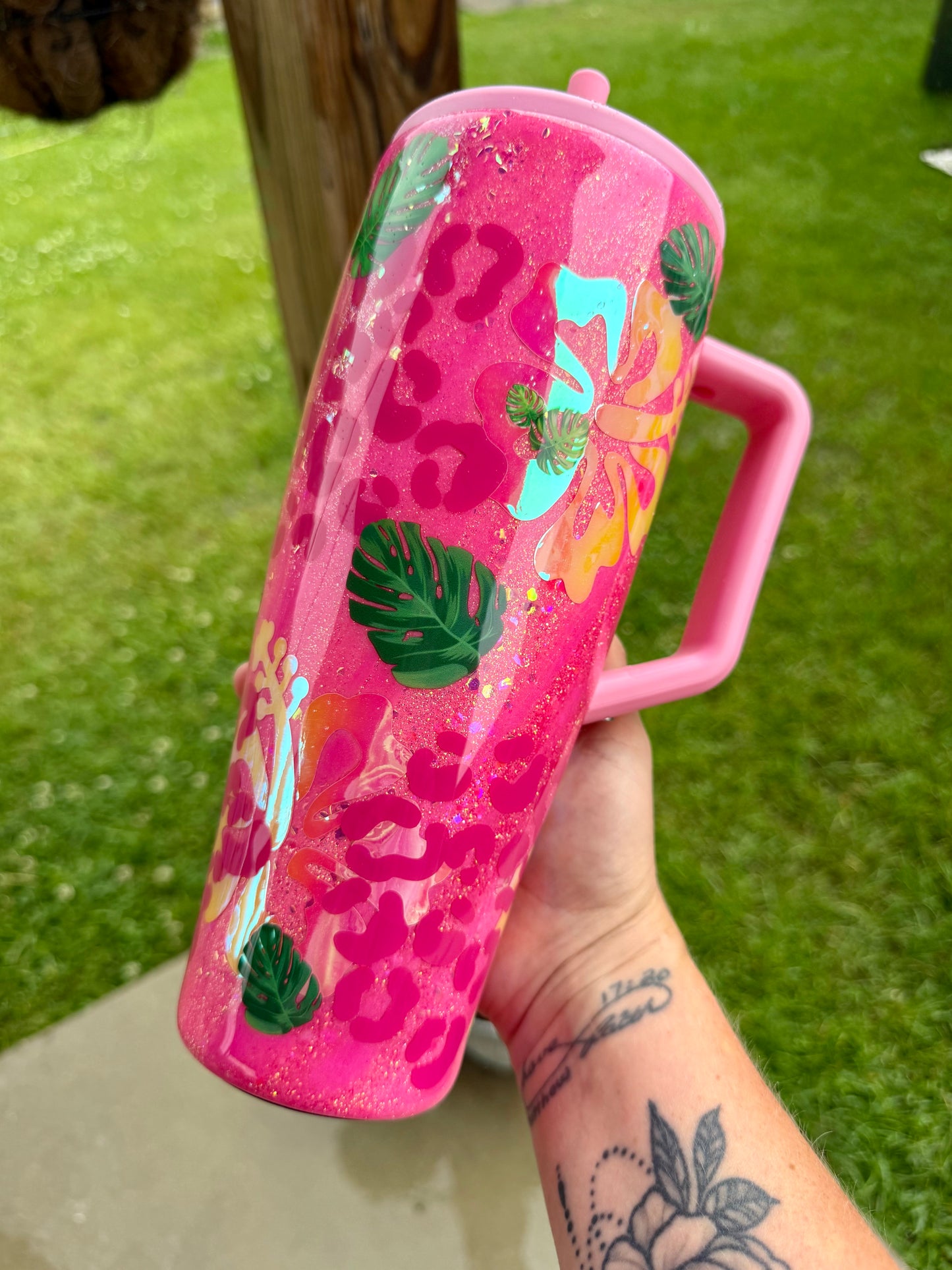 Hot Pink Tropical Glitter Tumbler