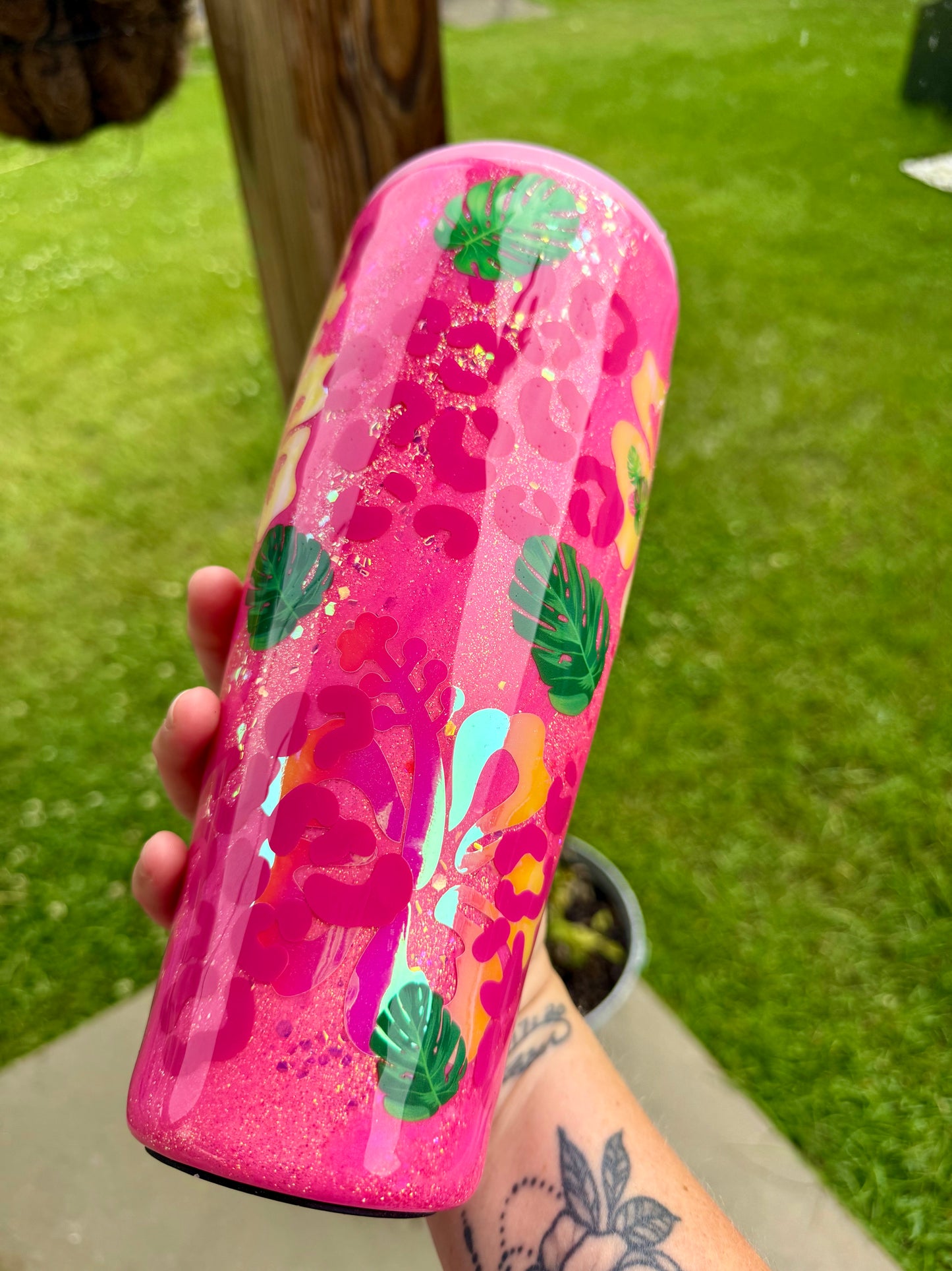 Hot Pink Tropical Glitter Tumbler