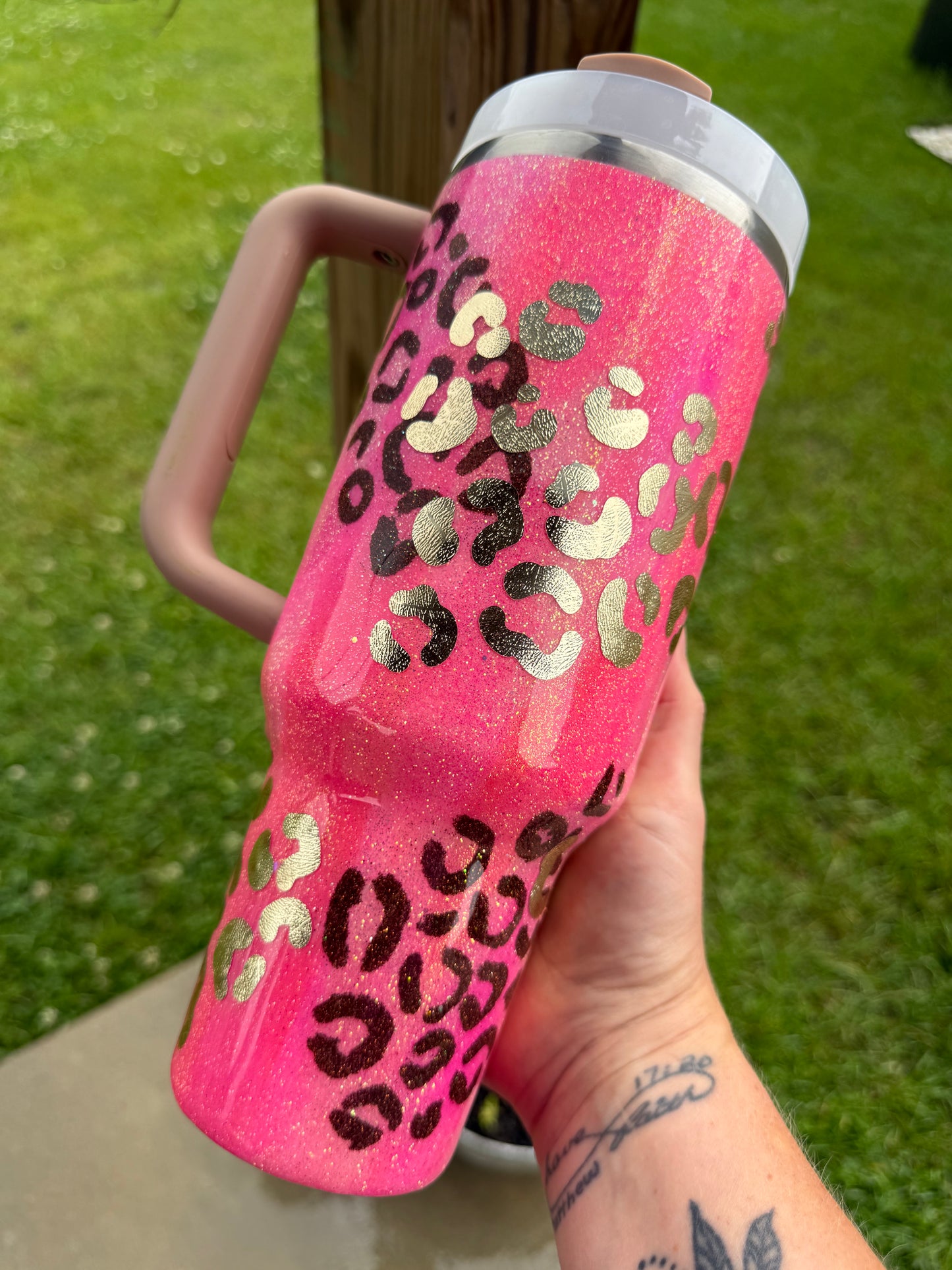 Abstract Pink and Gold Leopard Glitter Tumbler