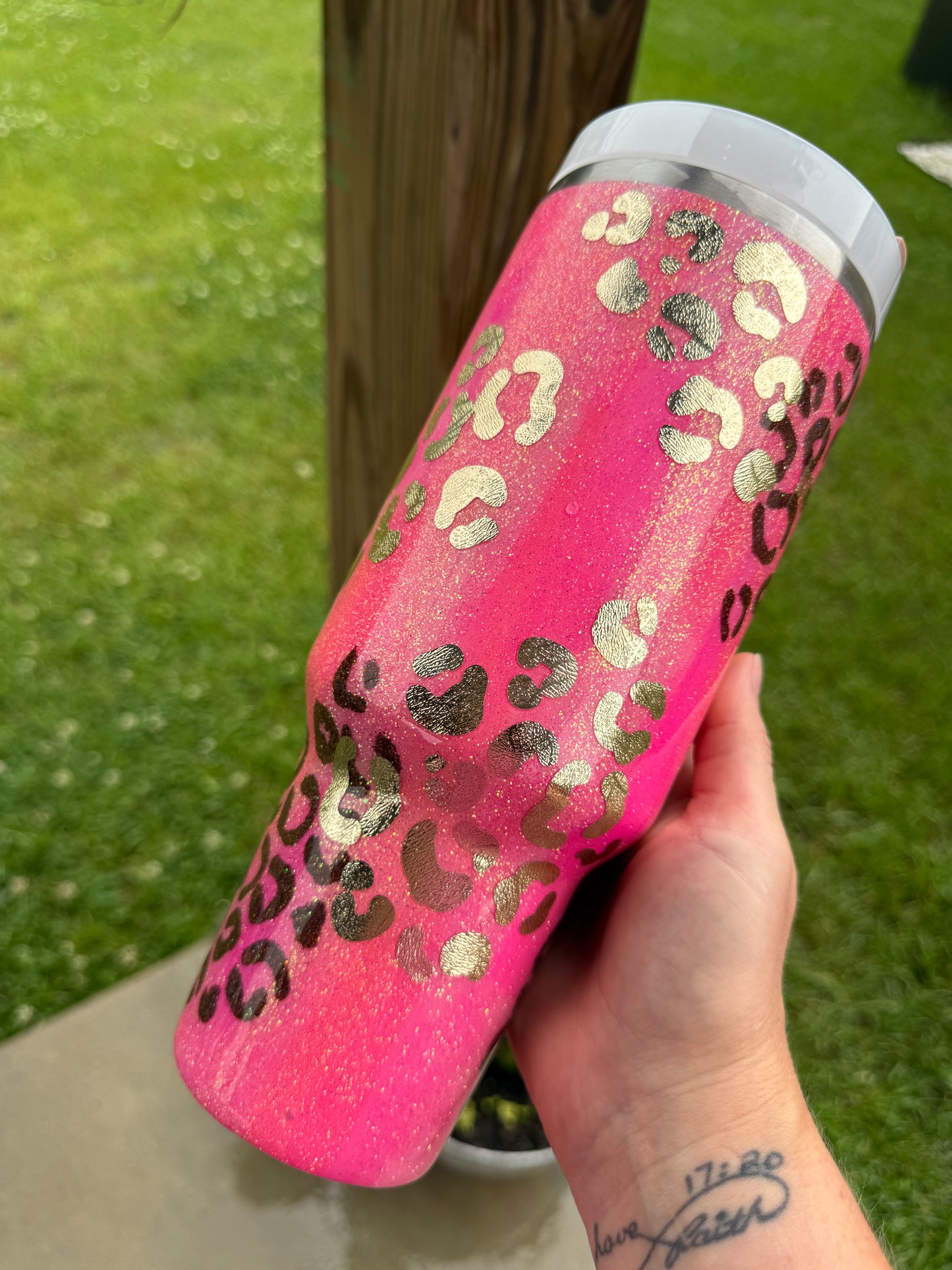 Abstract Pink and Gold Leopard Glitter Tumbler