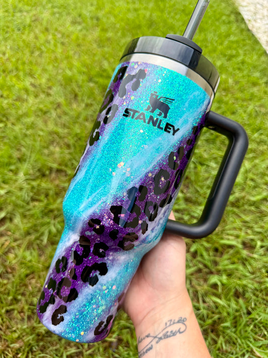 Blue and Purple Leopard Glitter Tumbler