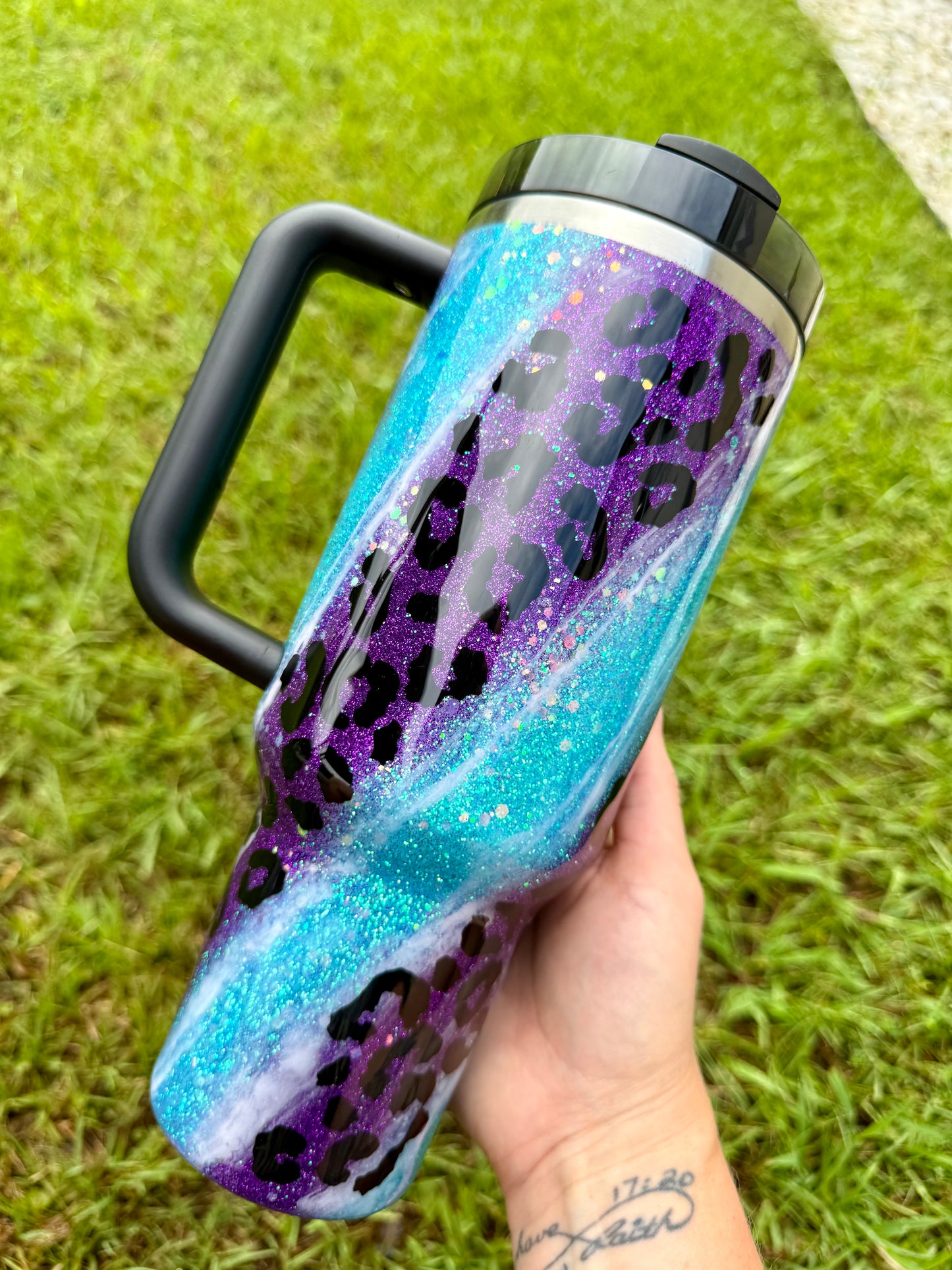 Blue and Purple Leopard Glitter Tumbler