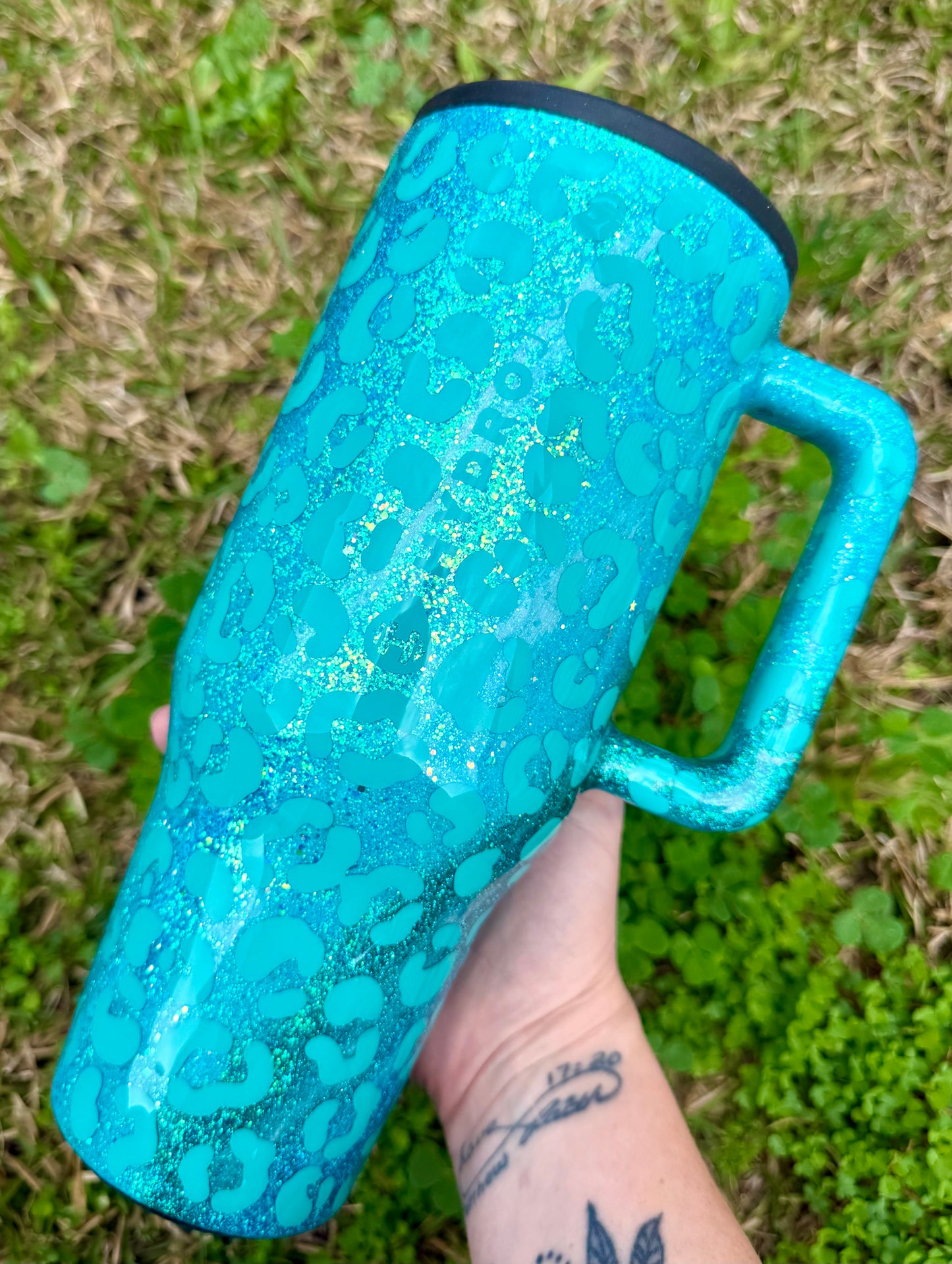 Teal and Aqua Leopard Glitter Tumbler