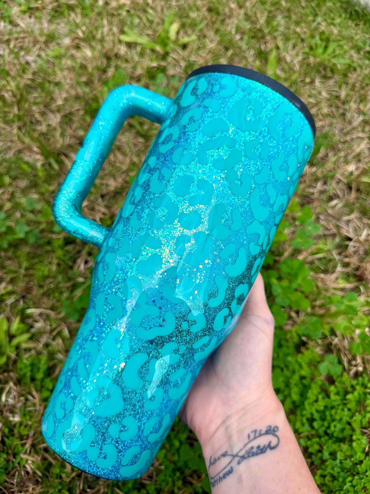 Teal and Aqua Leopard Glitter Tumbler