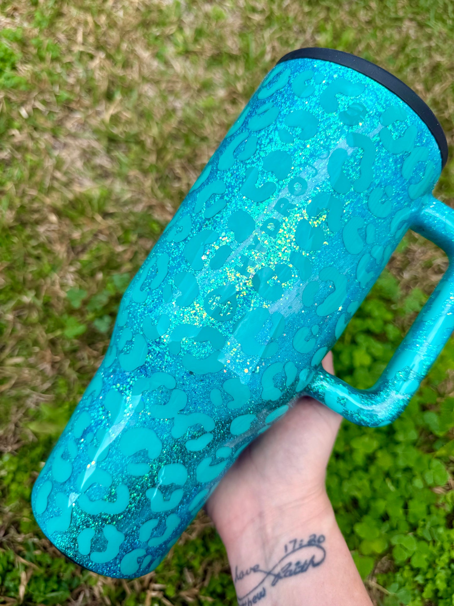 Teal and Aqua Leopard Glitter Tumbler