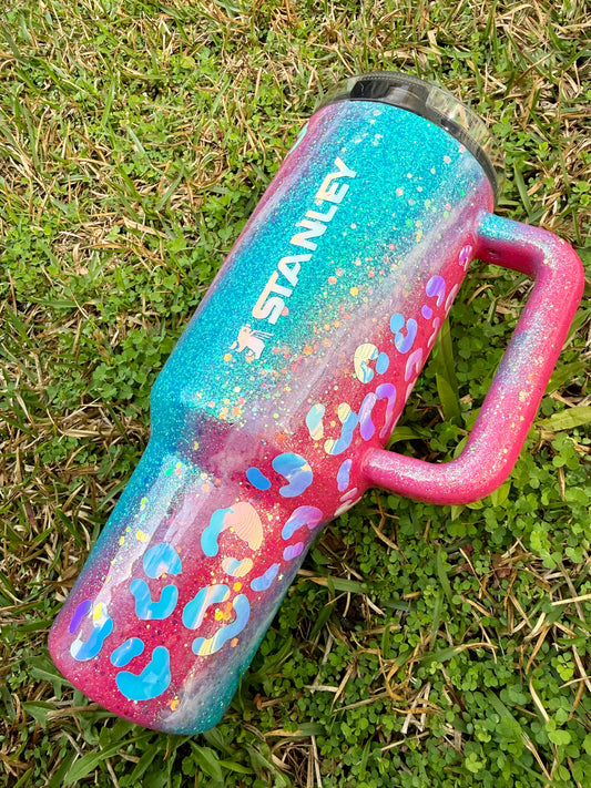 Hot pink and Aqua Leopard Glitter Tumbler