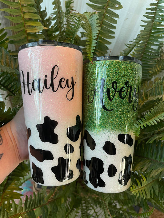 Personalized glitter COW print epoxy tumbler!