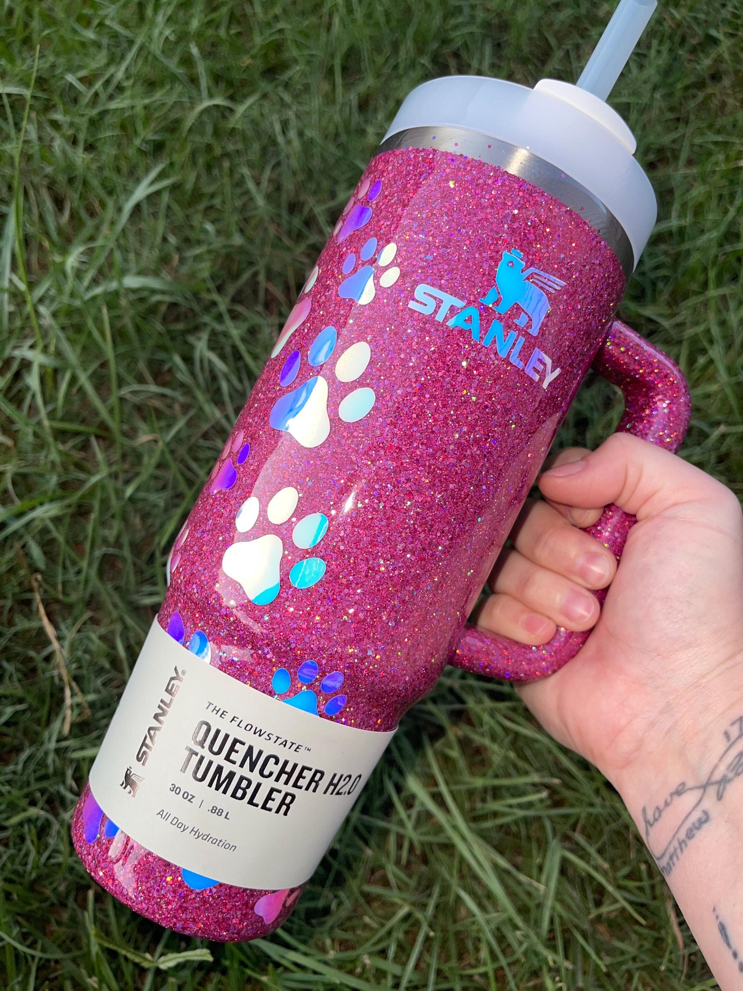 Holographic Glitter Paw Print Stanley Tumbler 40oz - Personalized Pet Gift