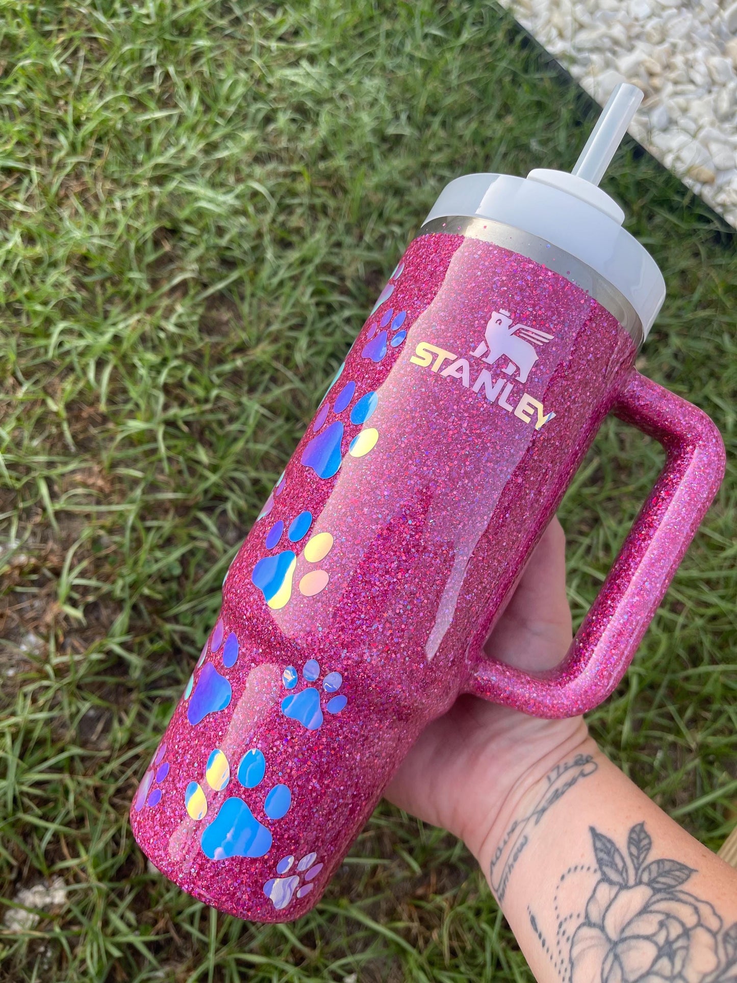 Holographic Glitter Paw Print Stanley Tumbler 40oz - Personalized Pet Gift