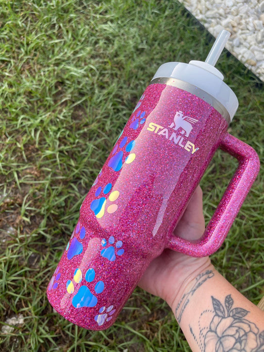 Holographic Glitter Paw Print Stanley Tumbler 40oz - Personalized Pet Gift