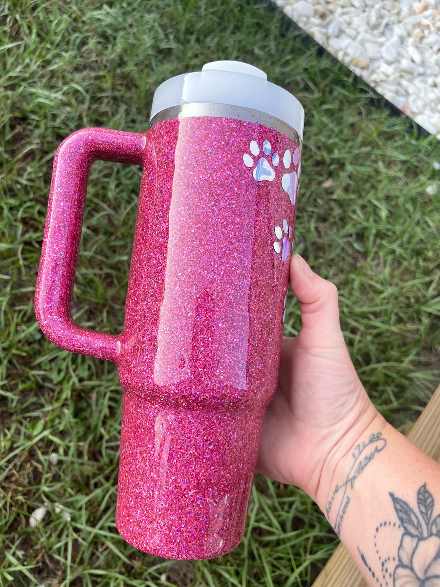 Holographic Glitter Paw Print Stanley Tumbler 40oz - Personalized Pet Gift