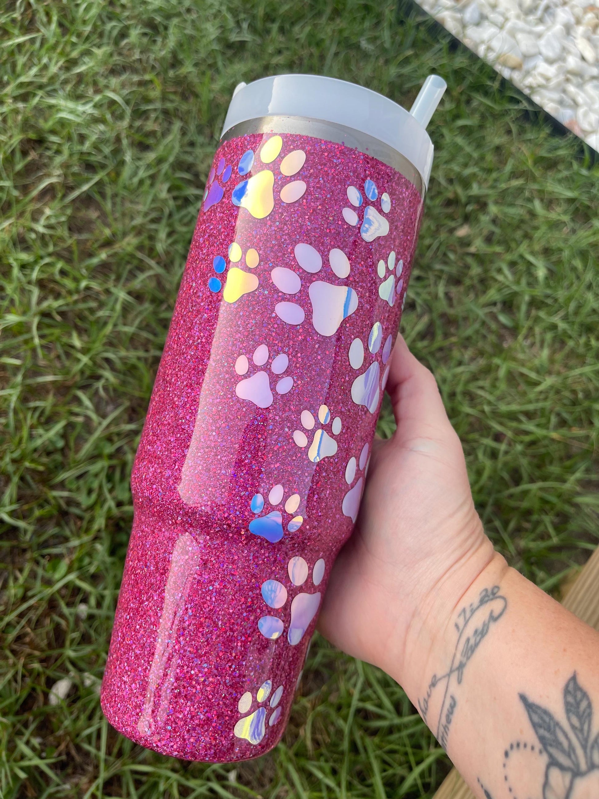 Holographic Glitter Paw Print Stanley Tumbler 40oz - Personalized Pet Gift