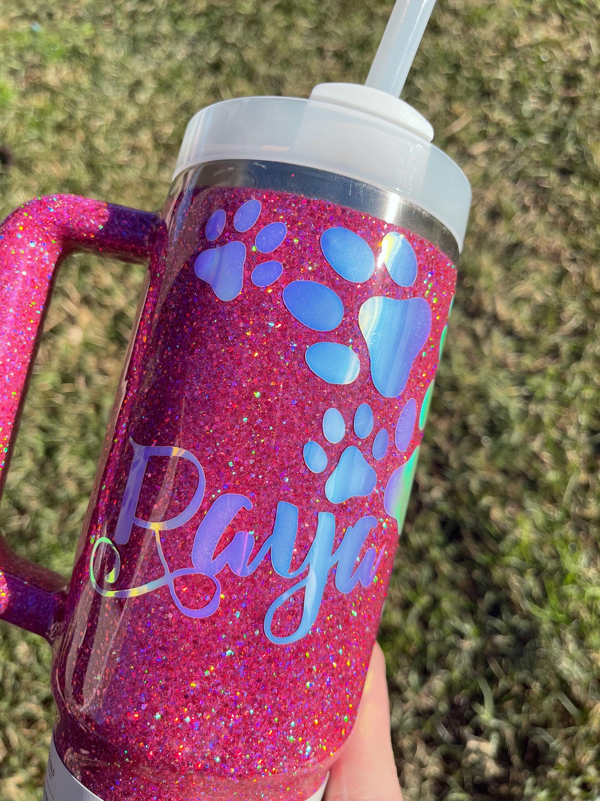 Holographic Glitter Paw Print Stanley Tumbler 40oz - Personalized Pet Gift