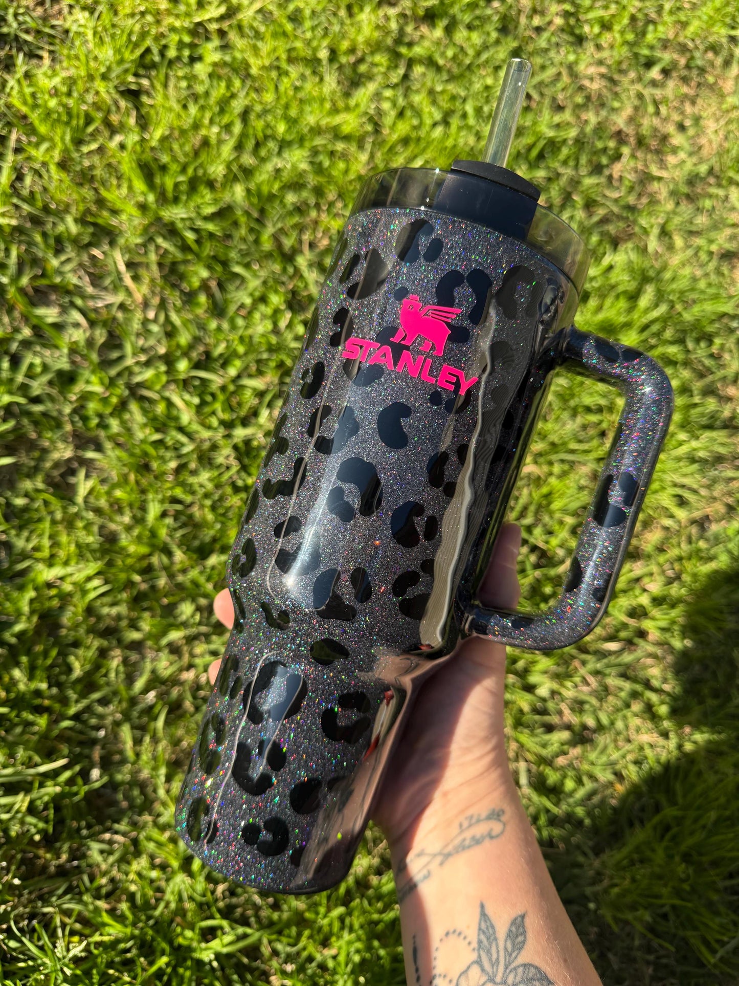 Customized Stanley Tumbler: Black Leopard Holographic Glitter, Personalized Gift
