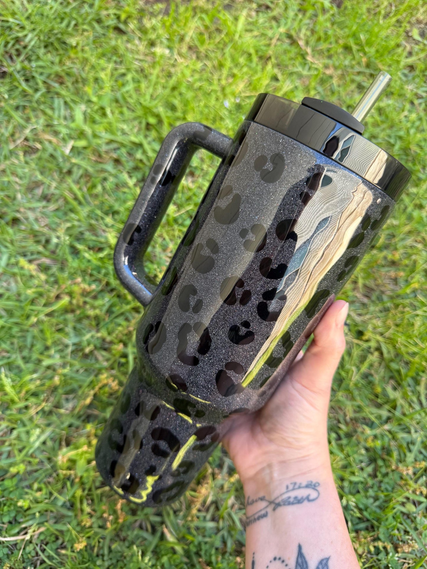 Customized Stanley Tumbler: Black Leopard Holographic Glitter, Personalized Gift