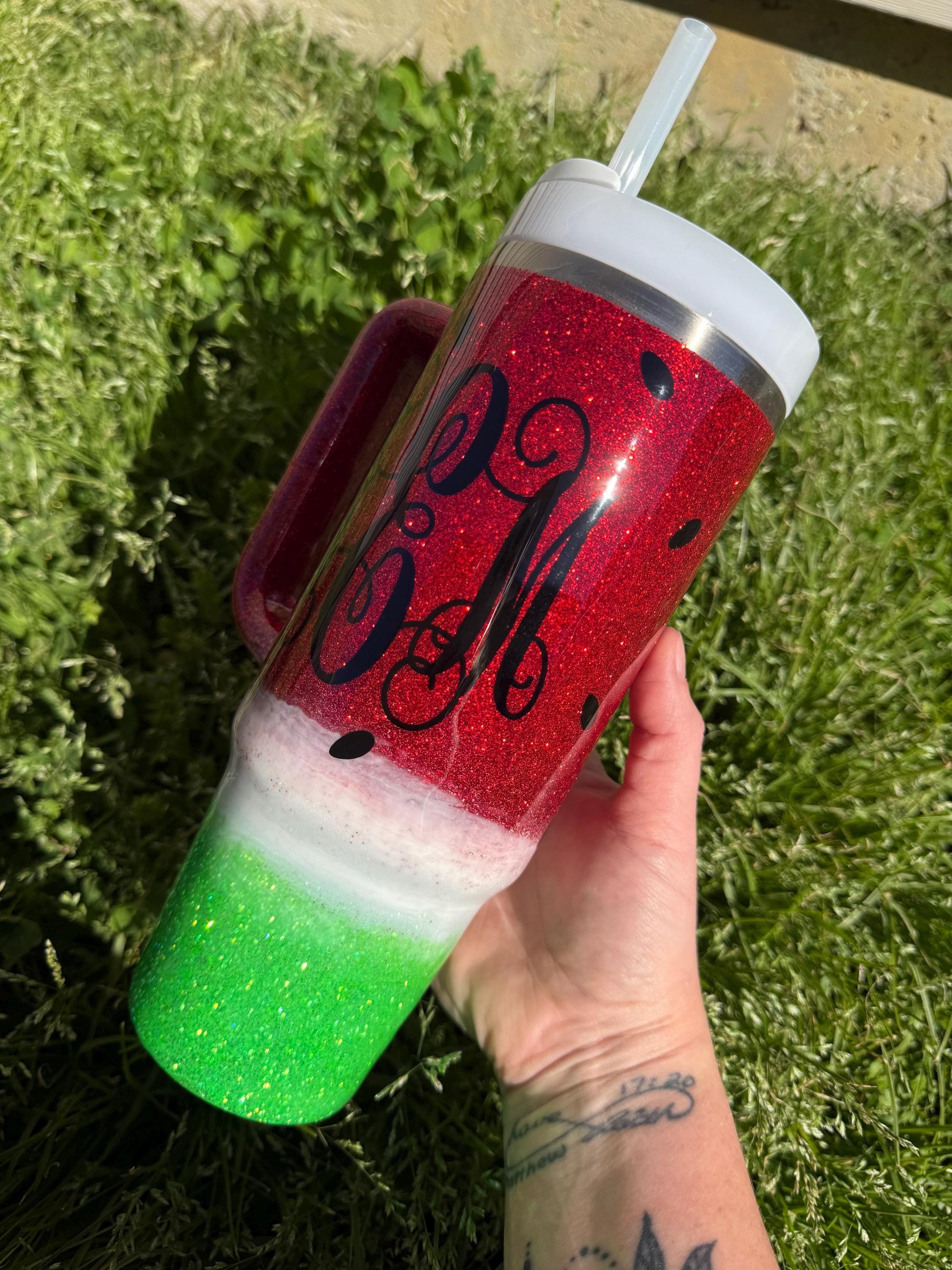 Personalized Watermelon Stanley Tumbler 40oz: Red Glitter Stainless Steel