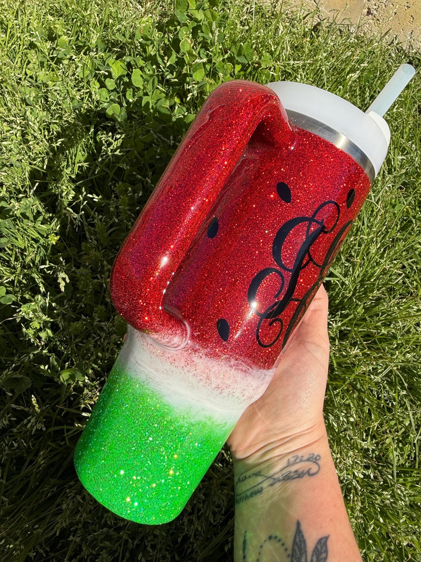 Personalized Watermelon Stanley Tumbler 40oz: Red Glitter Stainless Steel