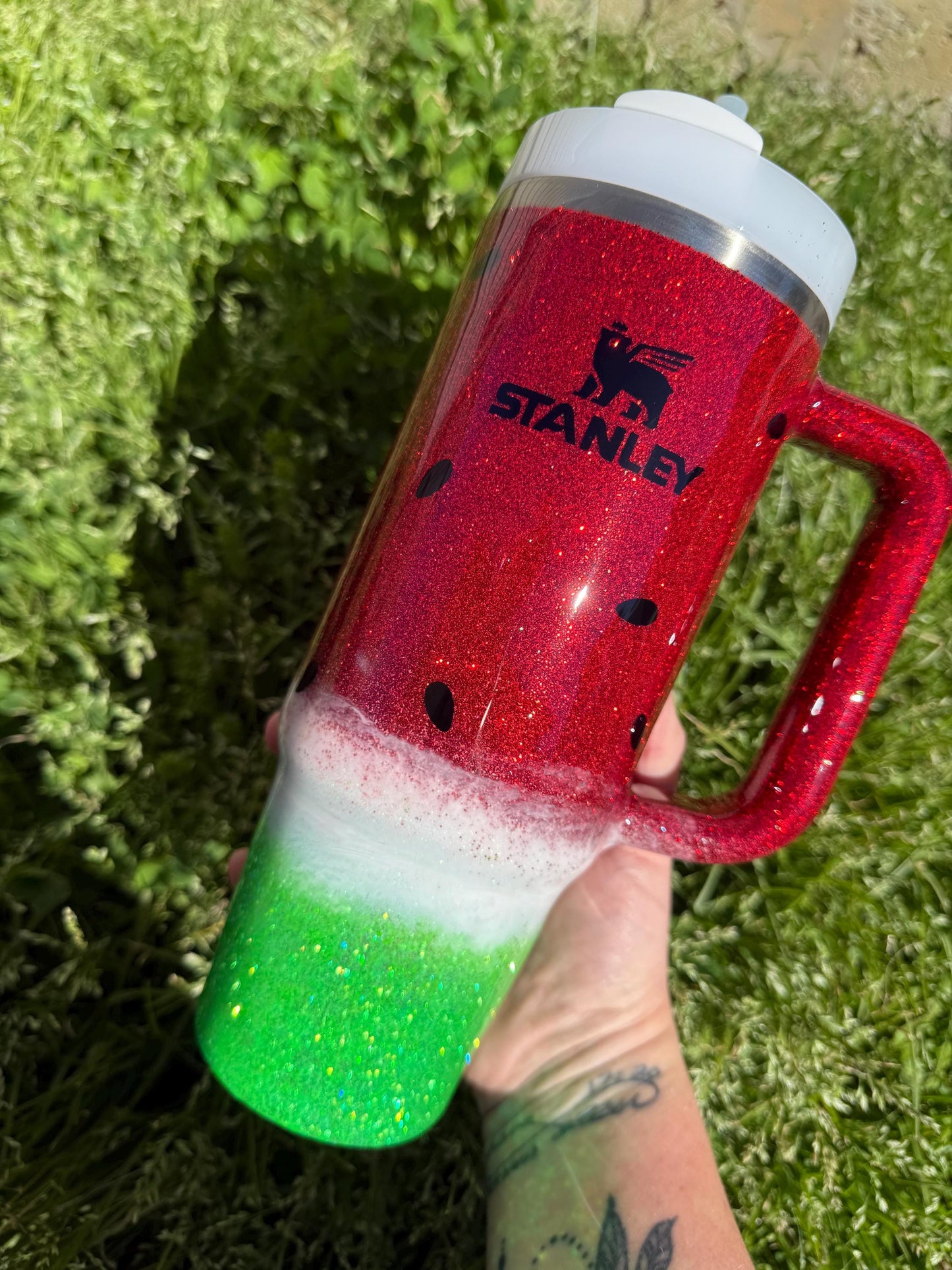 Personalized Watermelon Stanley Tumbler 40oz: Red Glitter Stainless Steel