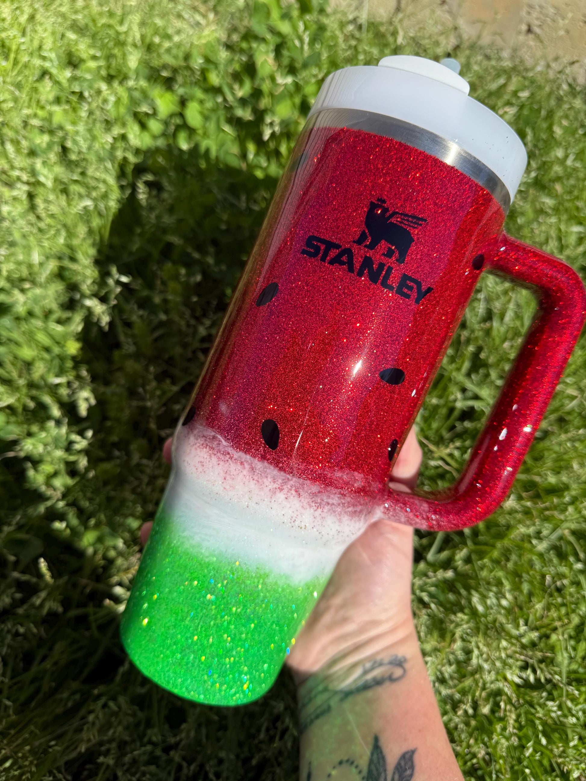 Personalized Watermelon Stanley Tumbler 40oz: Red Glitter Stainless Steel