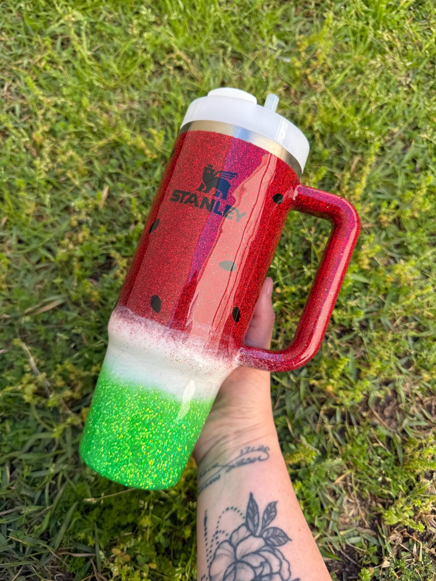Personalized Watermelon Stanley Tumbler 40oz: Red Glitter Stainless Steel