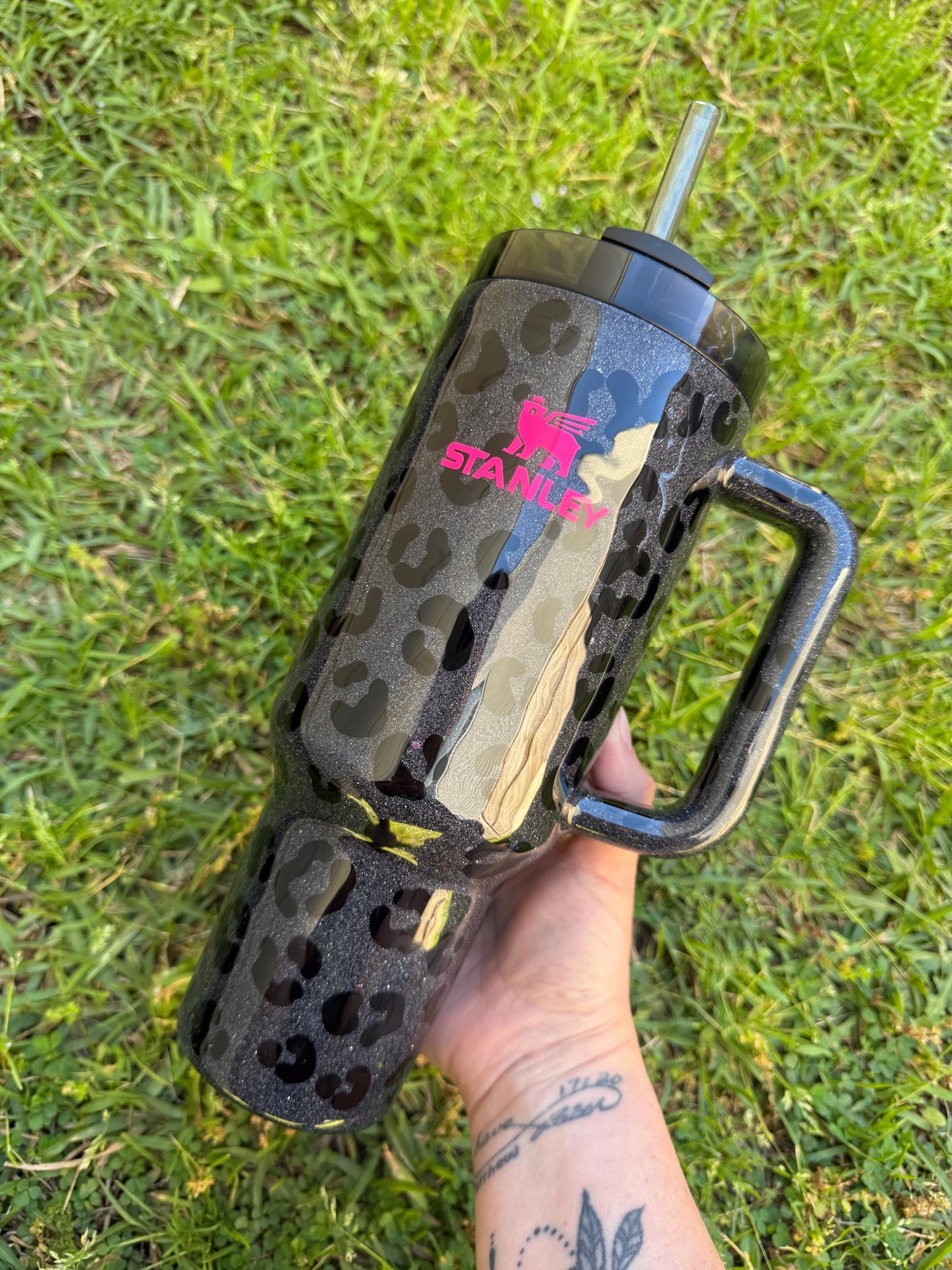 Customized Stanley Tumbler: Black Leopard Holographic Glitter, Personalized Gift