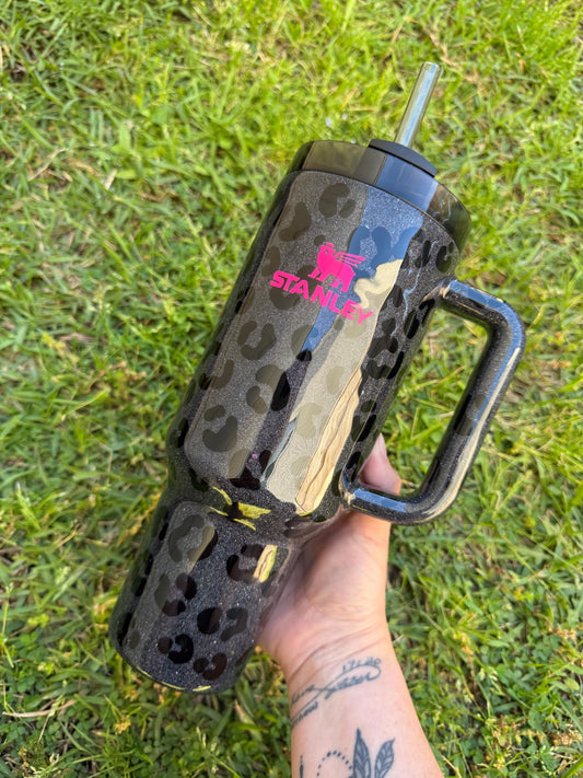 Customized Stanley Tumbler: Black Leopard Holographic Glitter, Personalized Gift